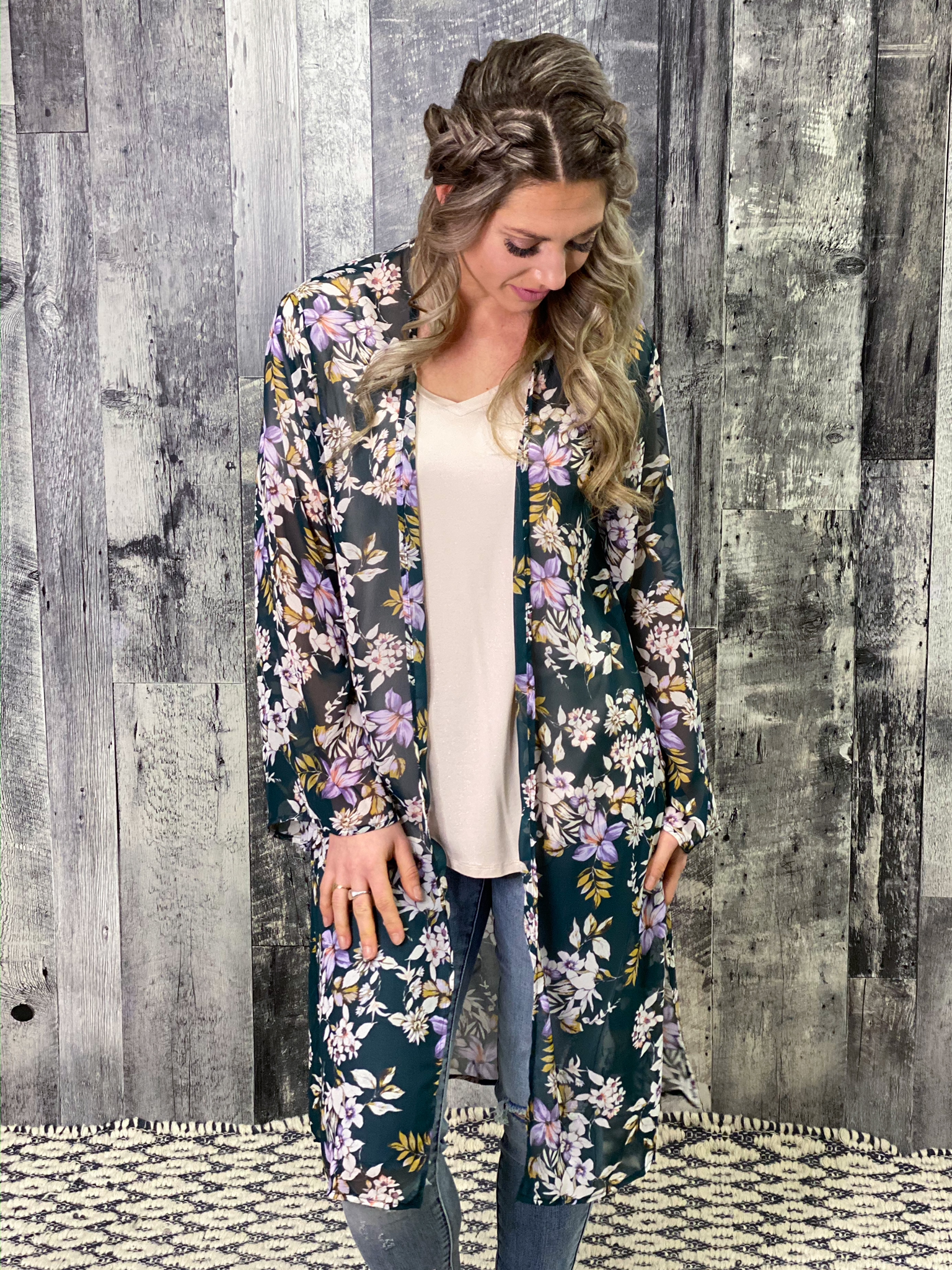 Green Floral Long Sleeve Kimono Duster