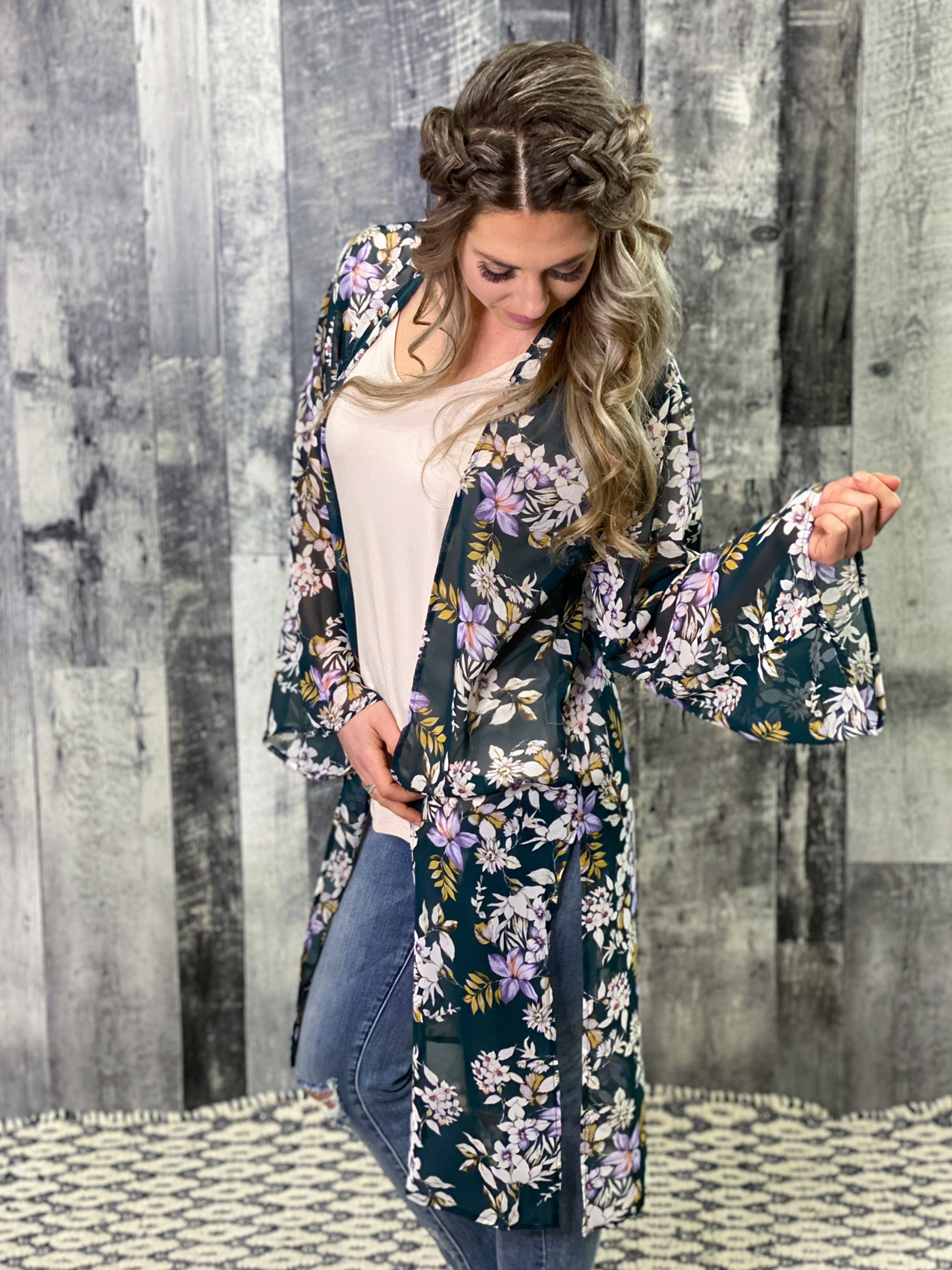 Green Floral Long Sleeve Kimono Duster