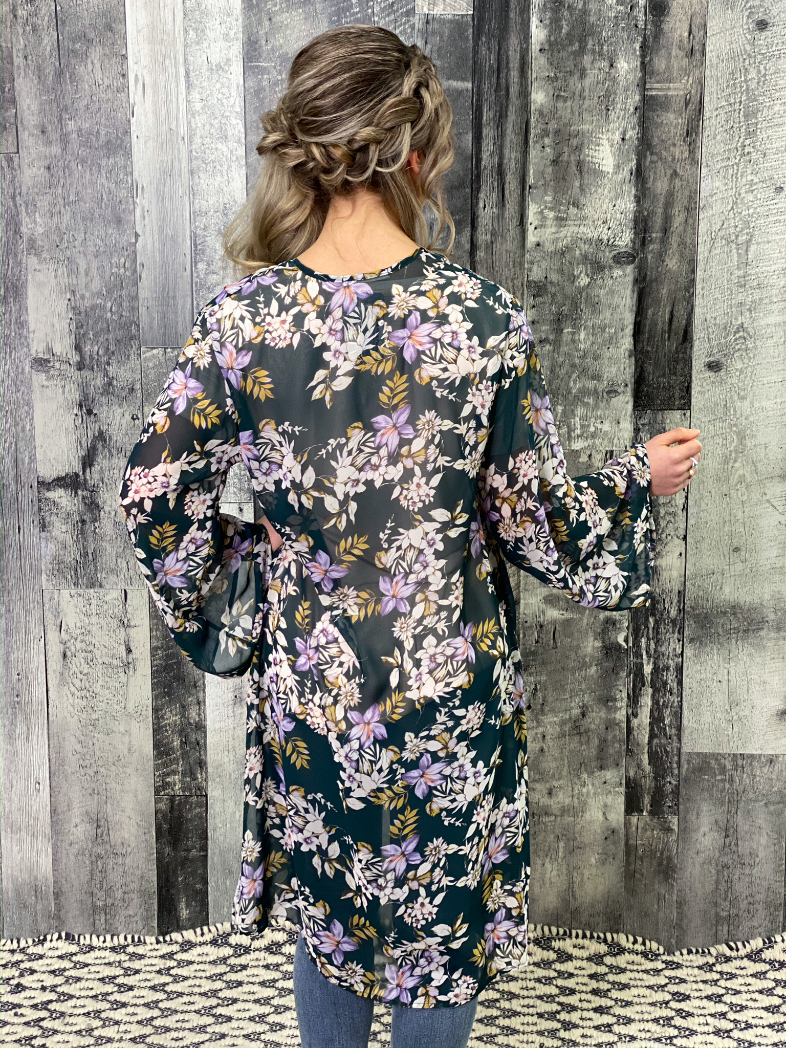 Green Floral Long Sleeve Kimono Duster