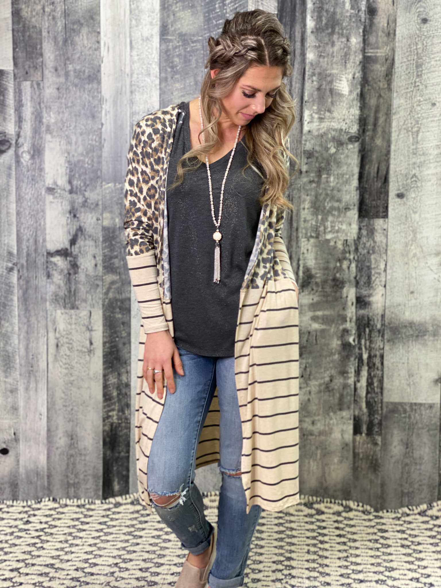 Leopard and Striped Duster Cardigan 46H4