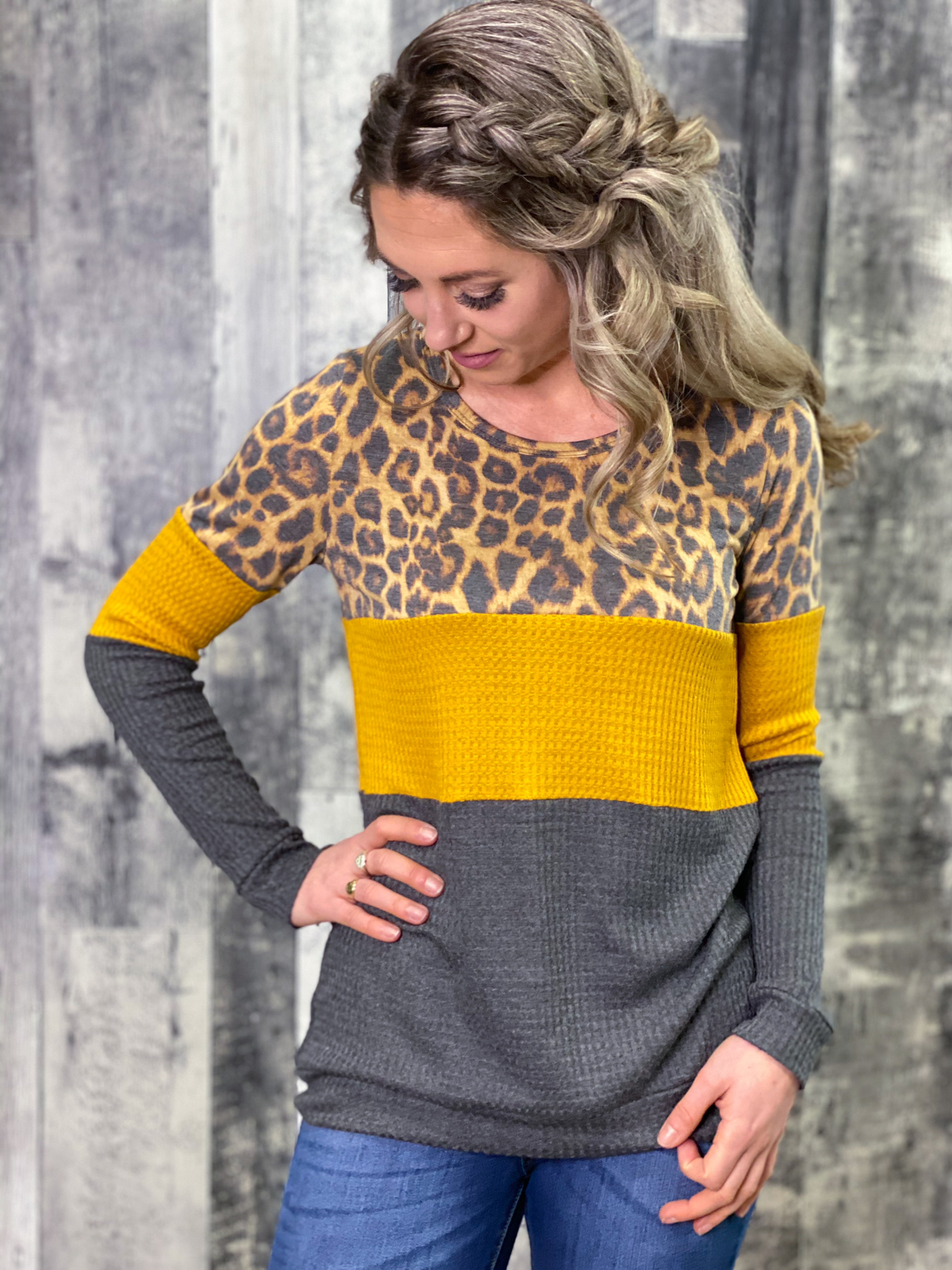 Mustard/Charcoal/Animal Print Colorblock Top GPSE