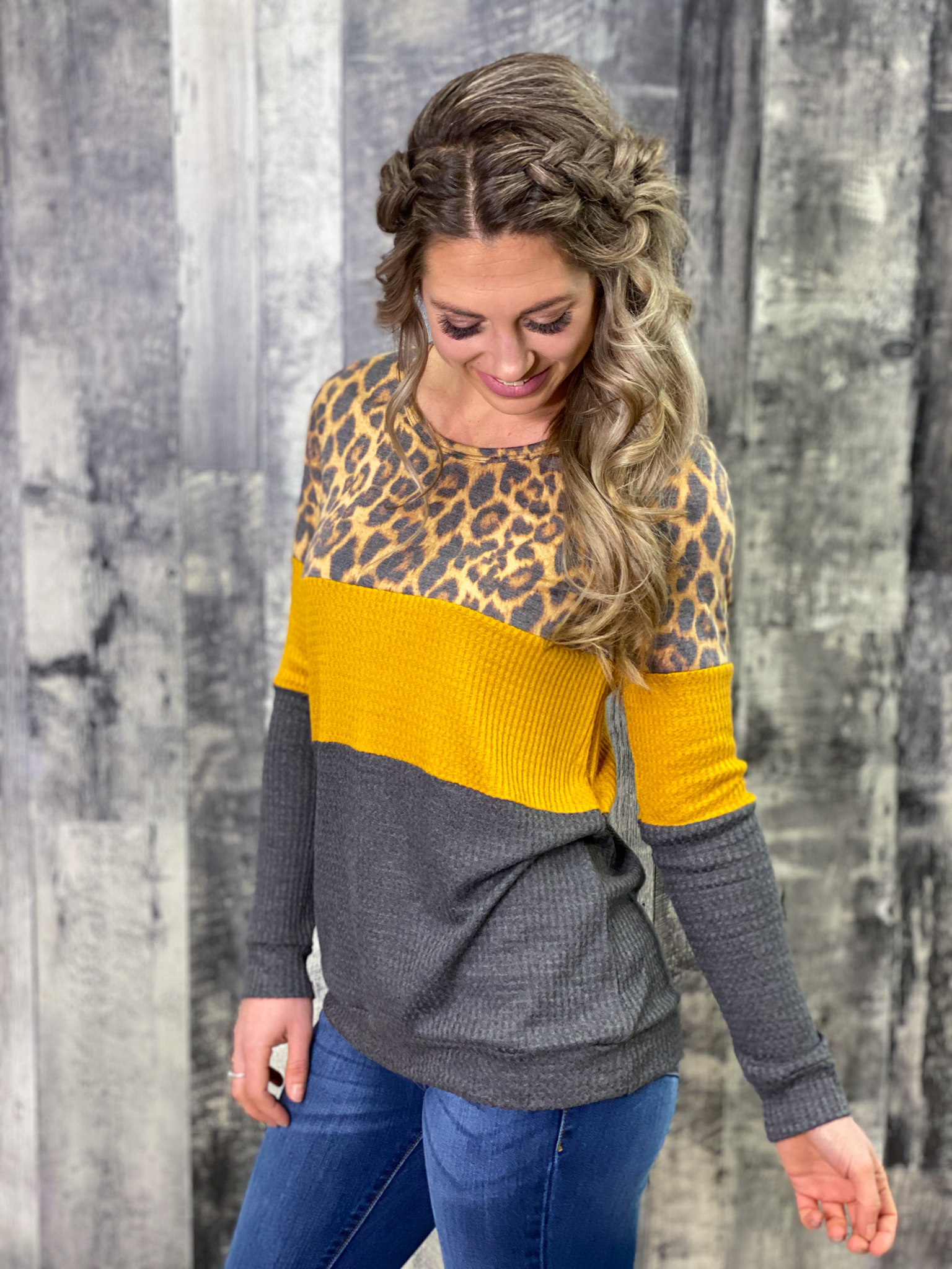 Mustard/Charcoal/Animal Print Colorblock Top