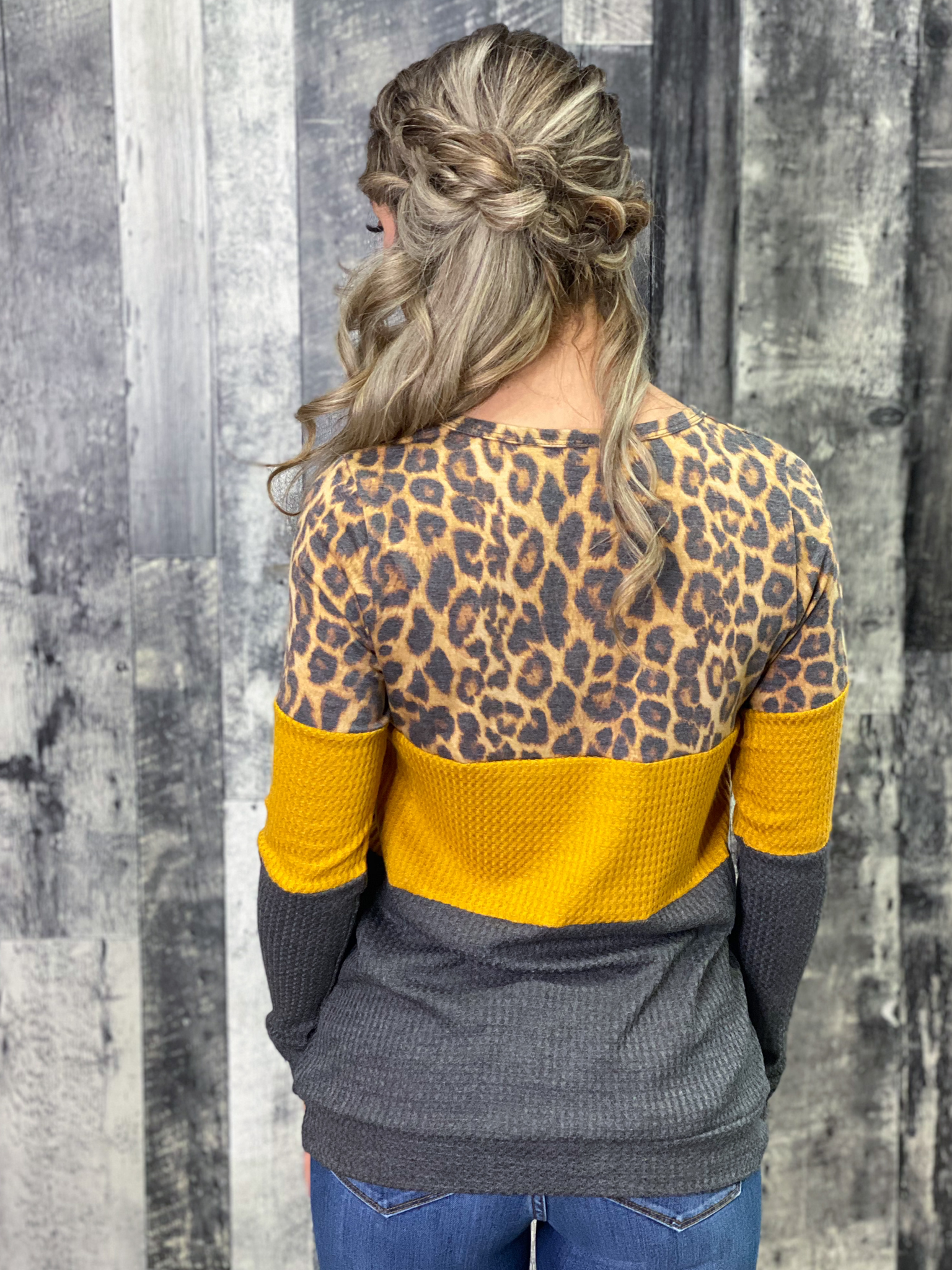Mustard/Charcoal/Animal Print Colorblock Top