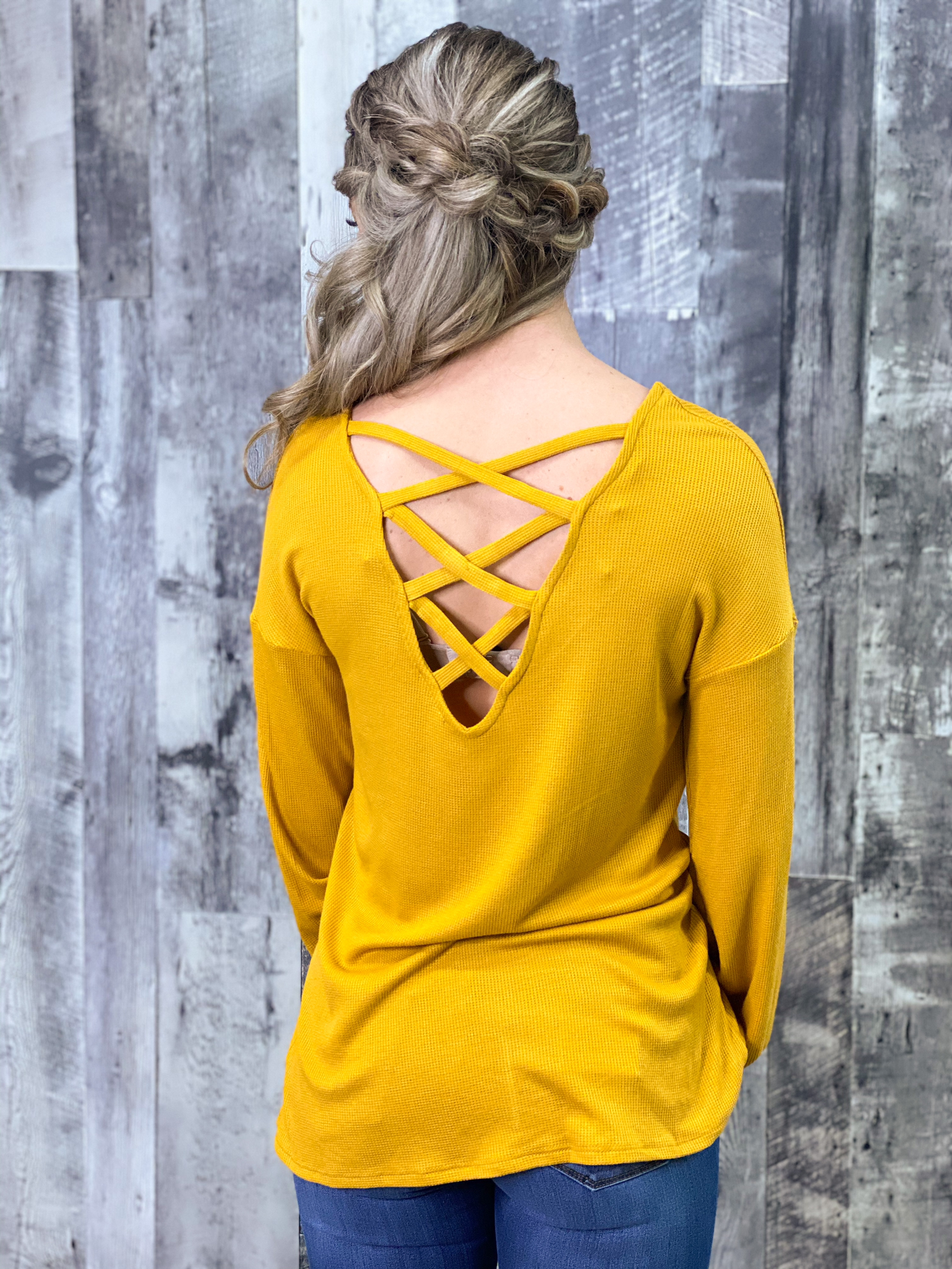 Criss Cross Back Long Sleeve Top - Mustard