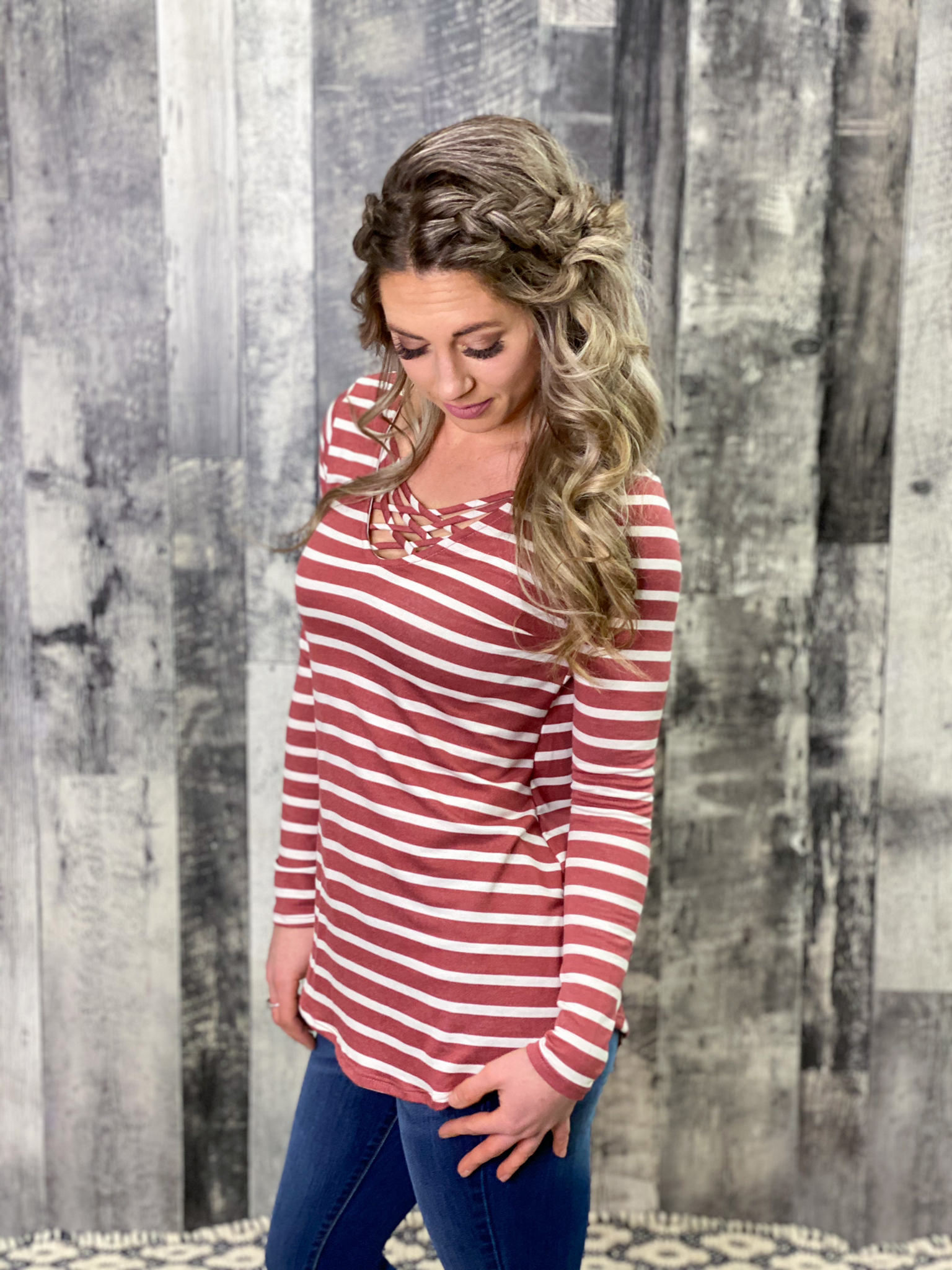 Red White Striped Criss Cross Sweatshirt