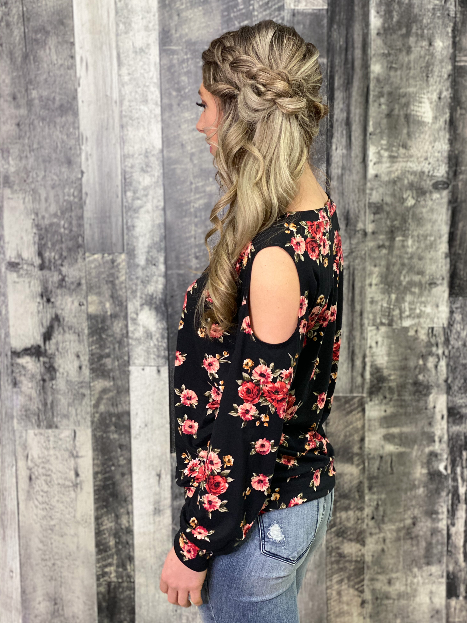 Cold Shoulder Black Floral Top