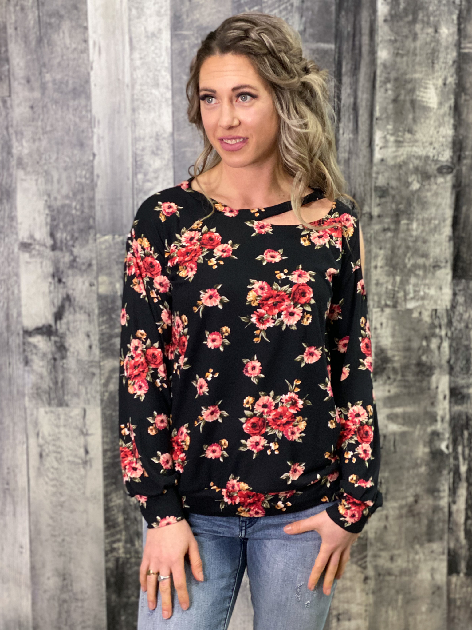 Cold Shoulder Black Floral Top