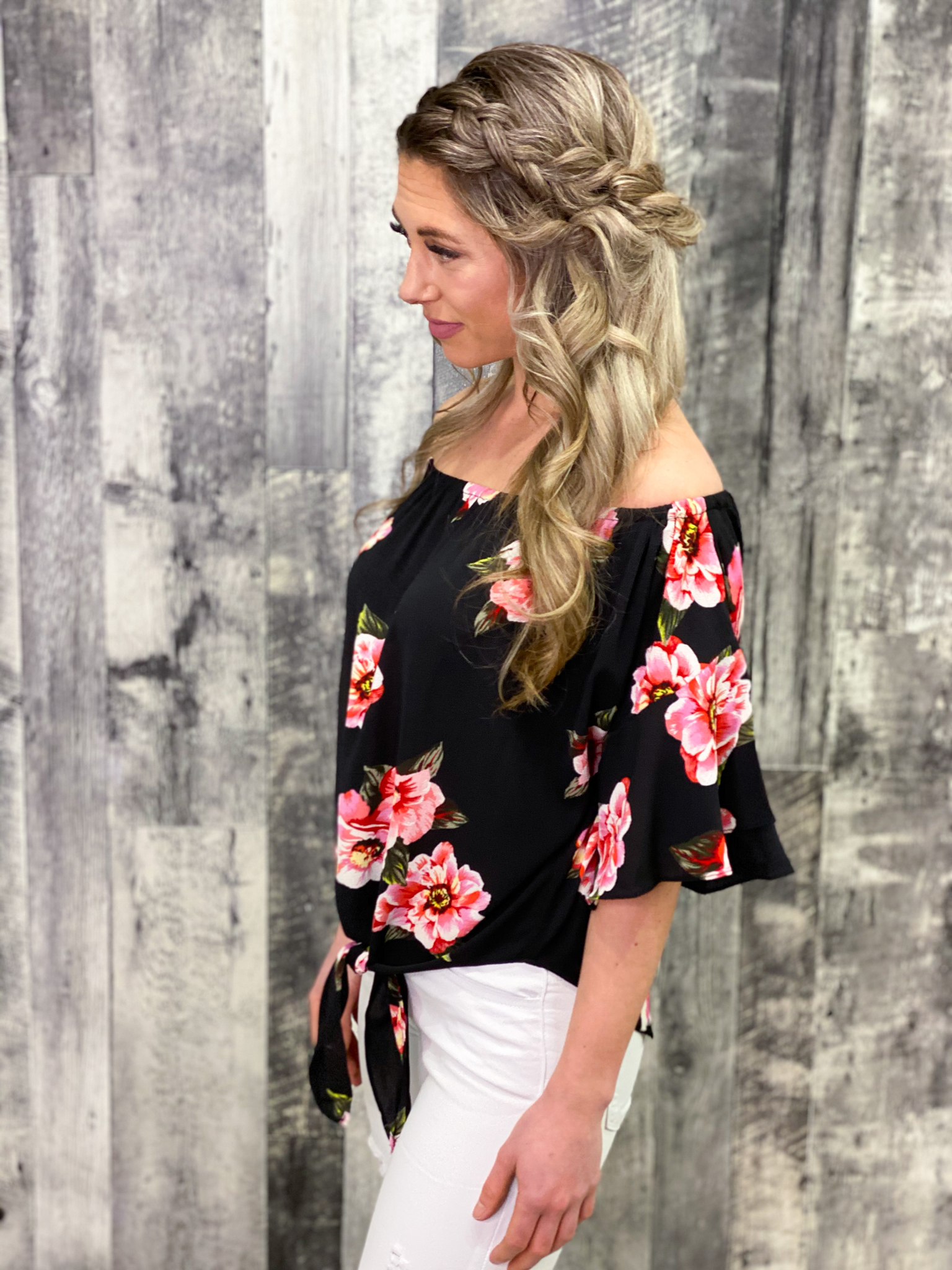 Off Shoulder Black Red Floral Tie Top