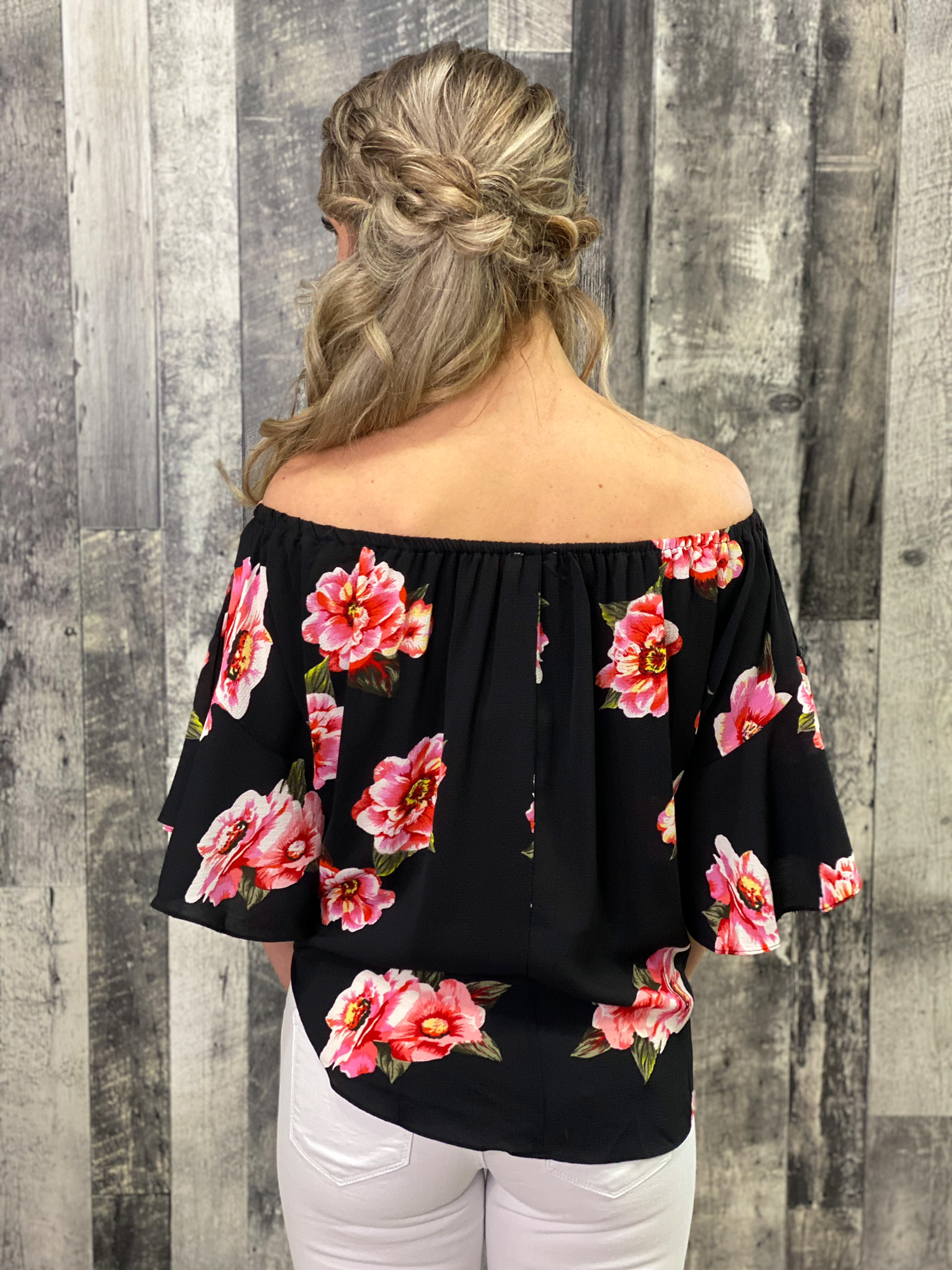 Off Shoulder Black Red Floral Tie Top