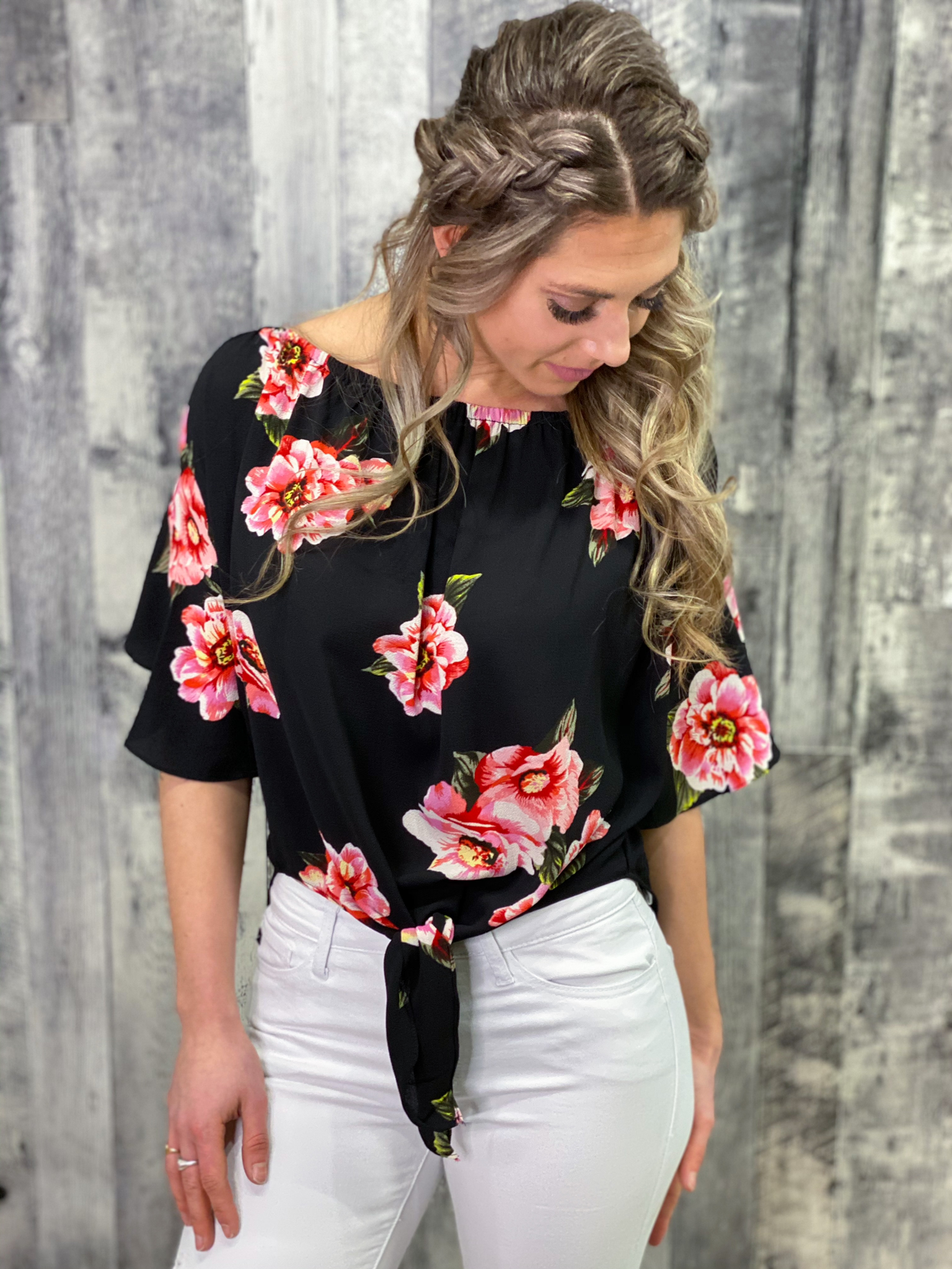 Off Shoulder Black Red Floral Tie Top 73UX