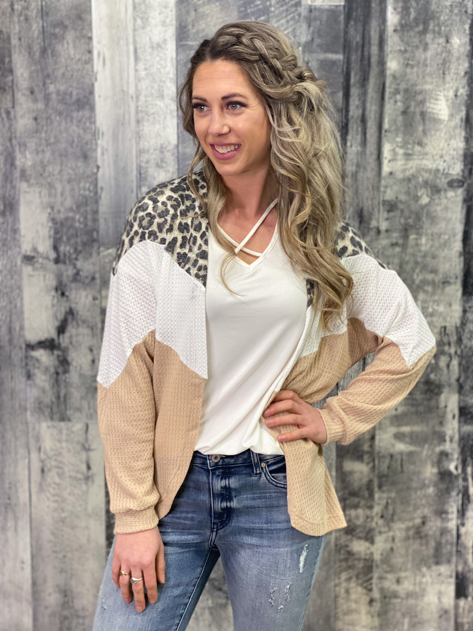 Cream/White/Leopard Arrow Colorblock Waffle Cardigan F2F9