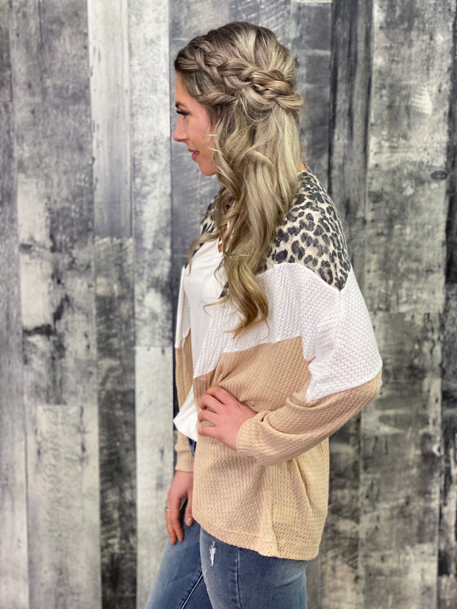 Cream/White/Leopard Arrow Colorblock Waffle Cardigan