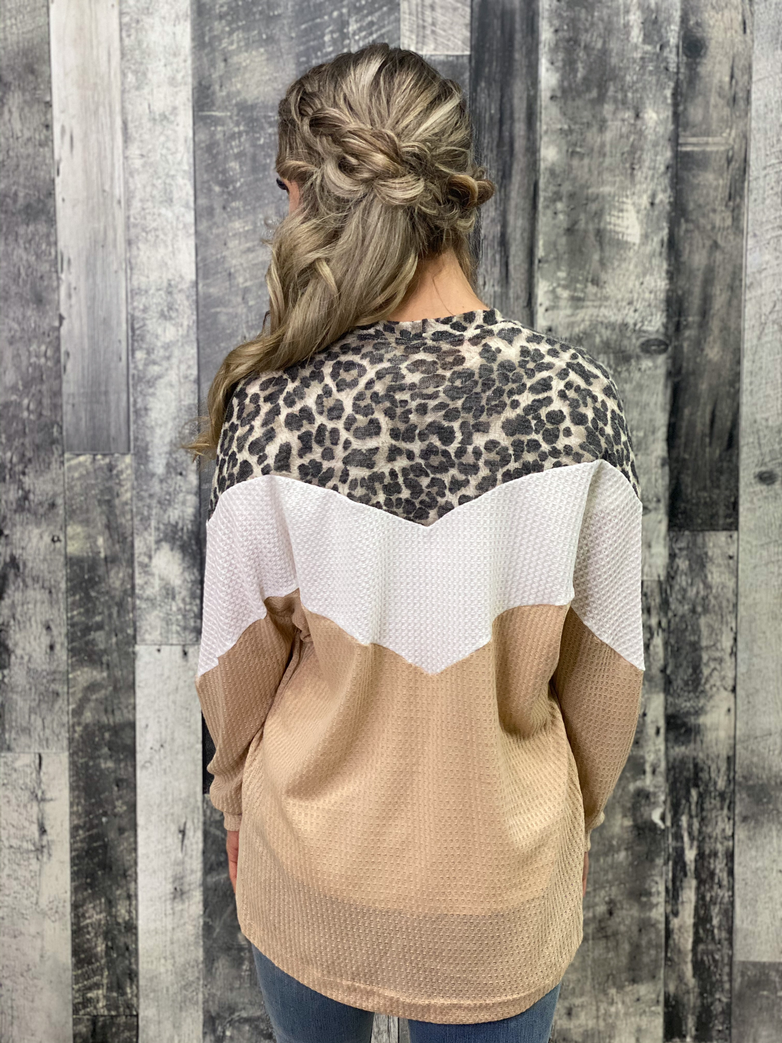 Cream/White/Leopard Arrow Colorblock Waffle Cardigan