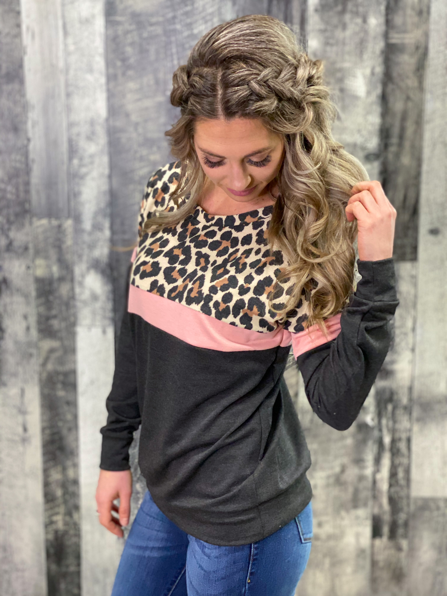 Charcoal/Pink/Leopard Color Block Lightweight Sweatshirt