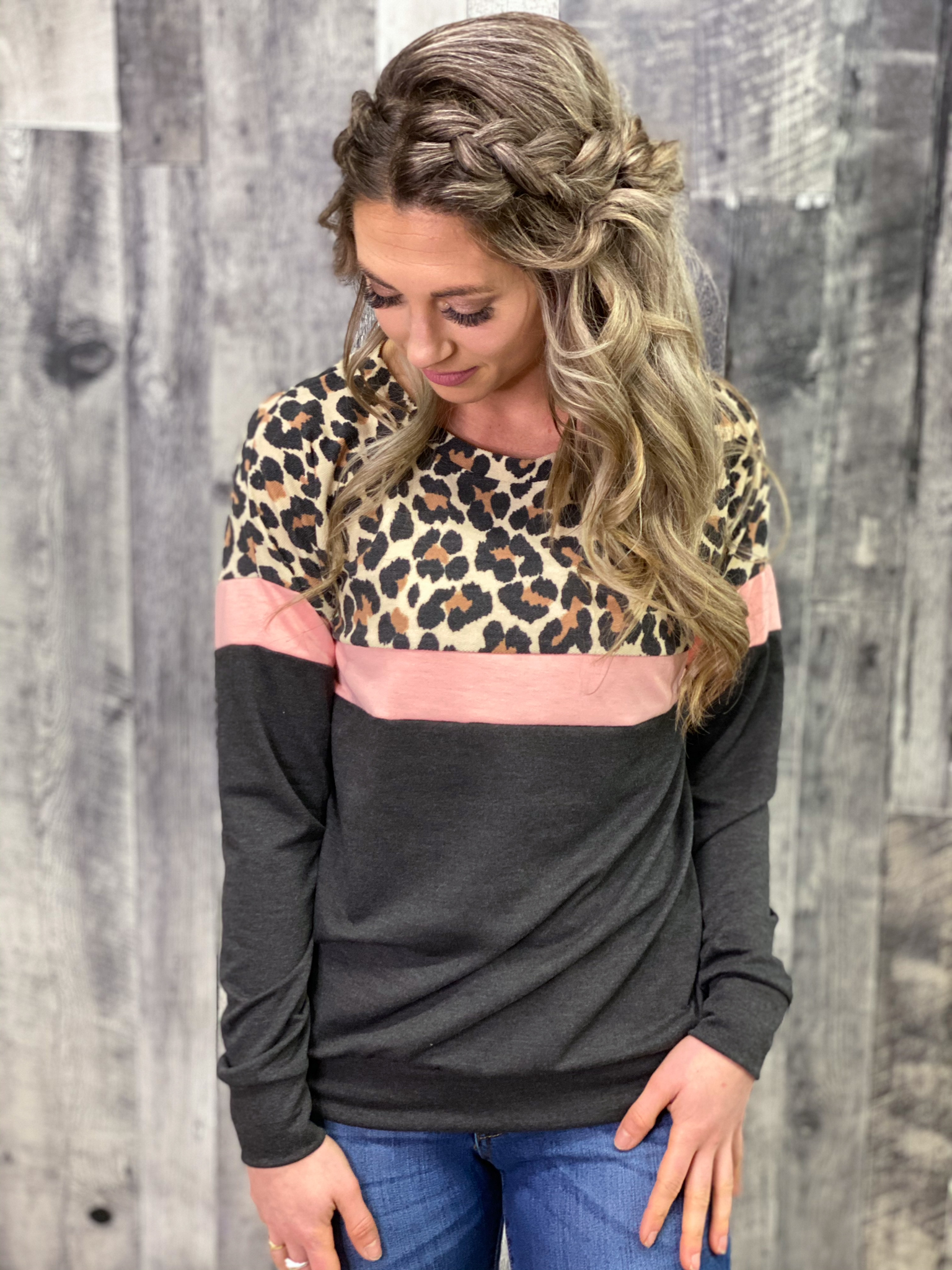 Charcoal/Pink/Leopard Color Block Lightweight Sweatshirt 9JD1
