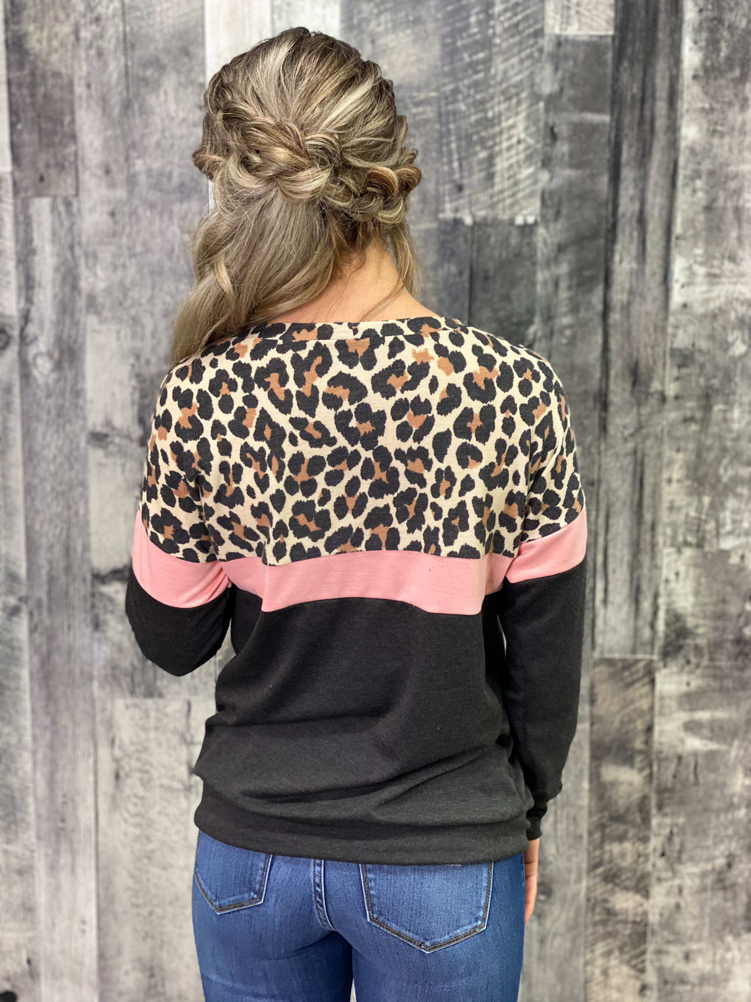 Charcoal/Pink/Leopard Color Block Lightweight Sweatshirt