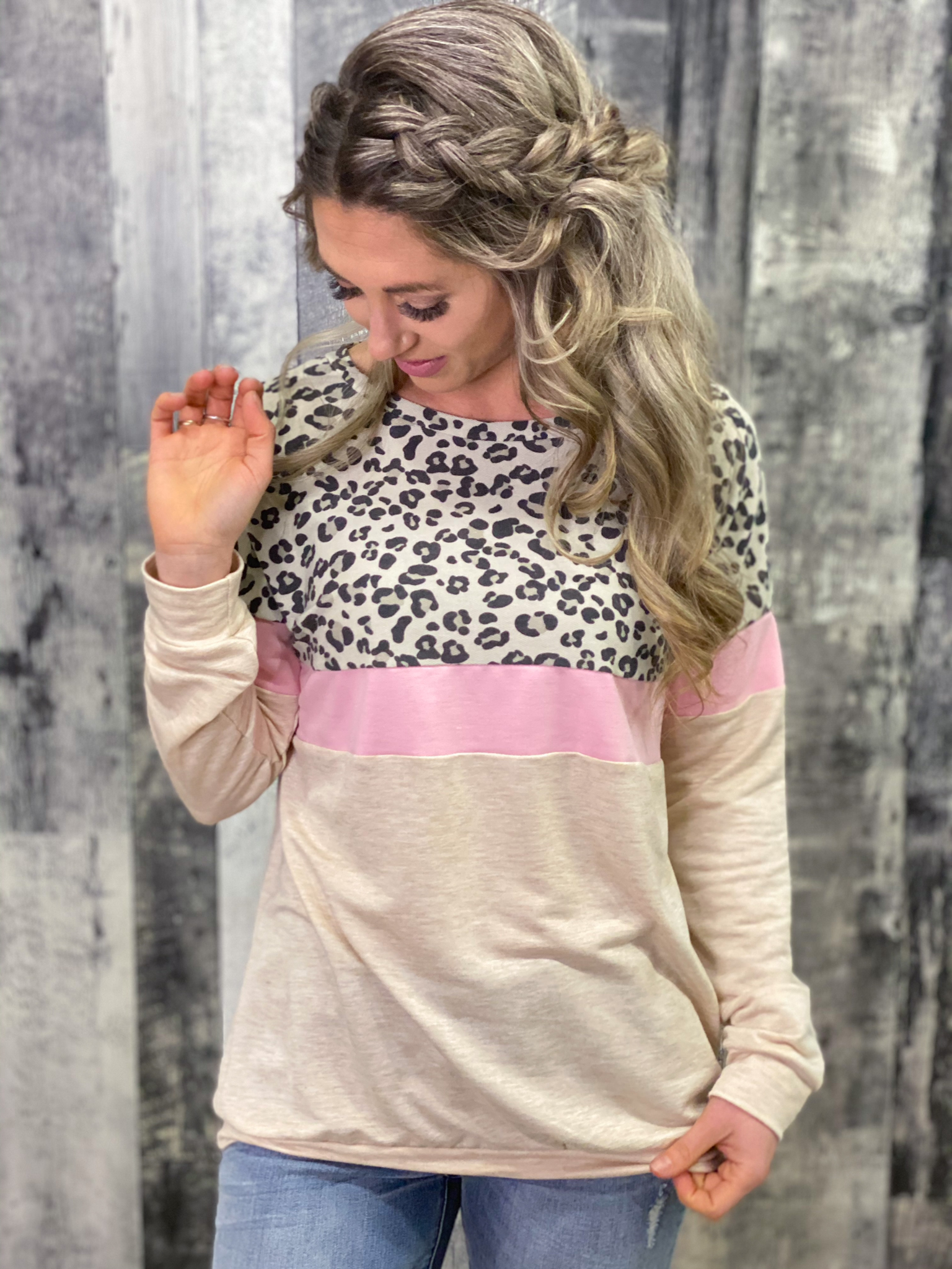 Cream/Pink/Leopard Color Block Lightweight Sweatshirt 52MJT