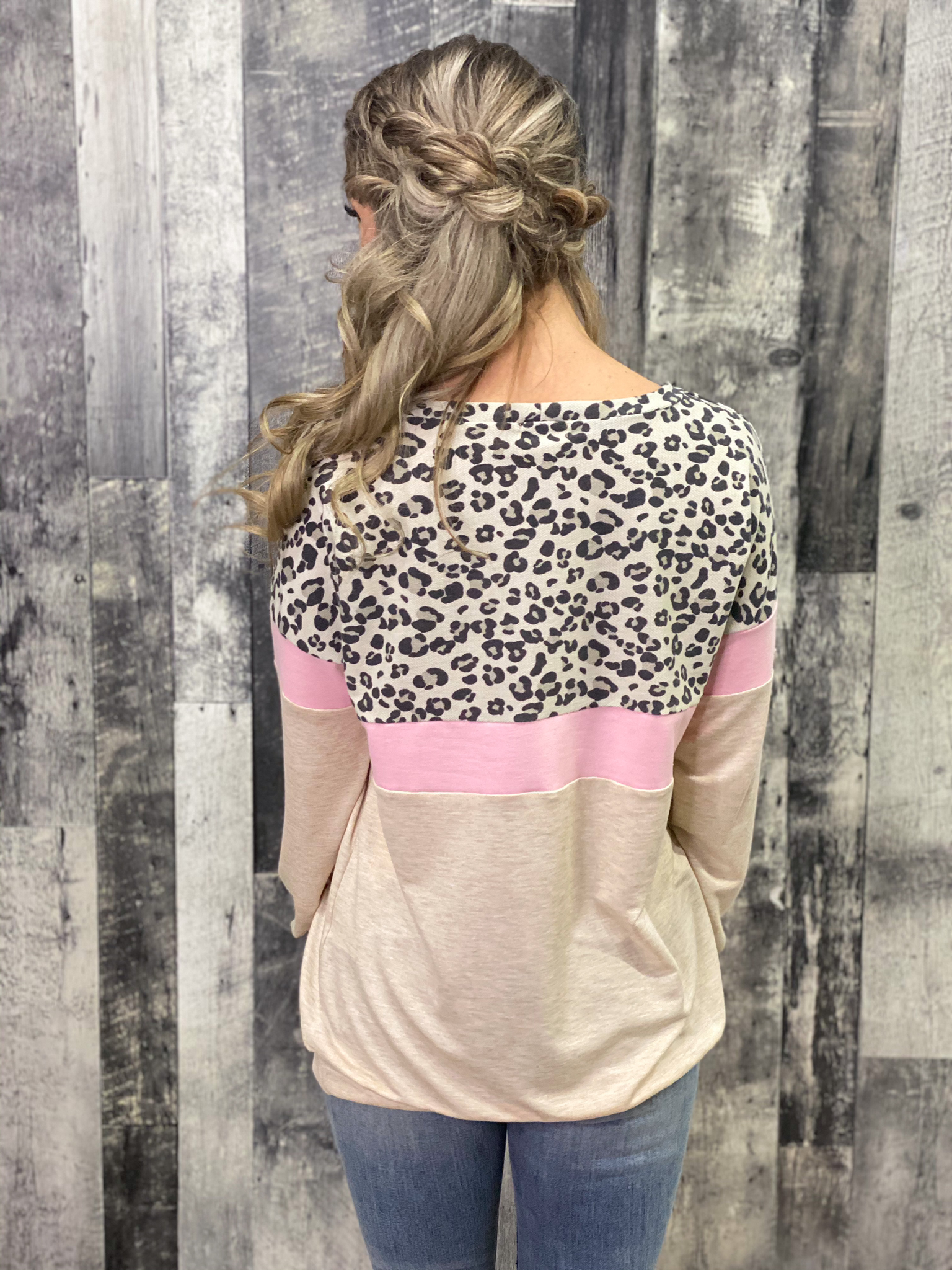 Cream/Pink/Leopard Color Block Lightweight Sweatshirt