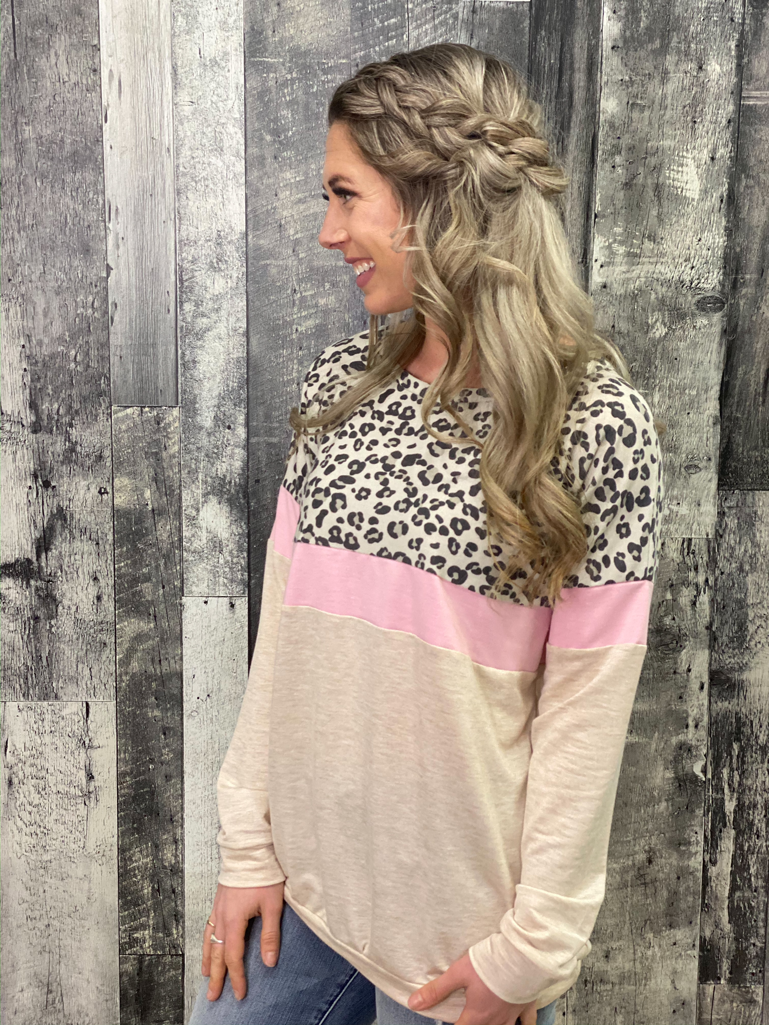 Cream/Pink/Leopard Color Block Lightweight Sweatshirt