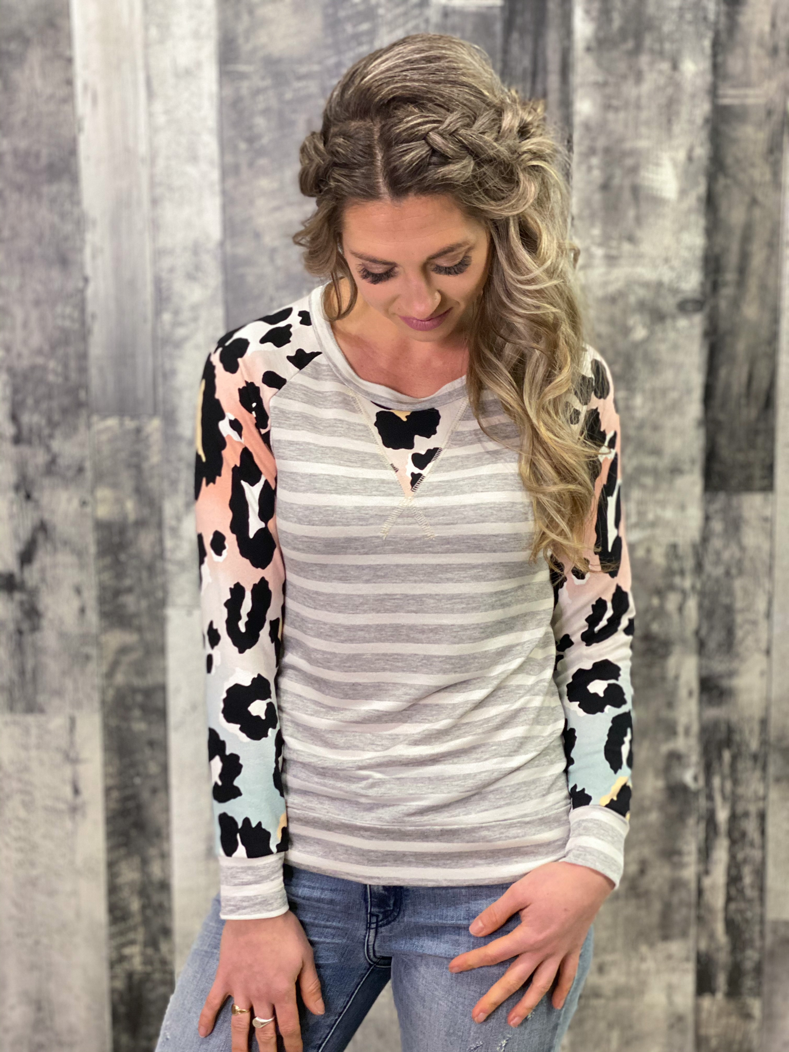 Pastel Leopard Sleeve/Striped Long Sleeve Top NPNB