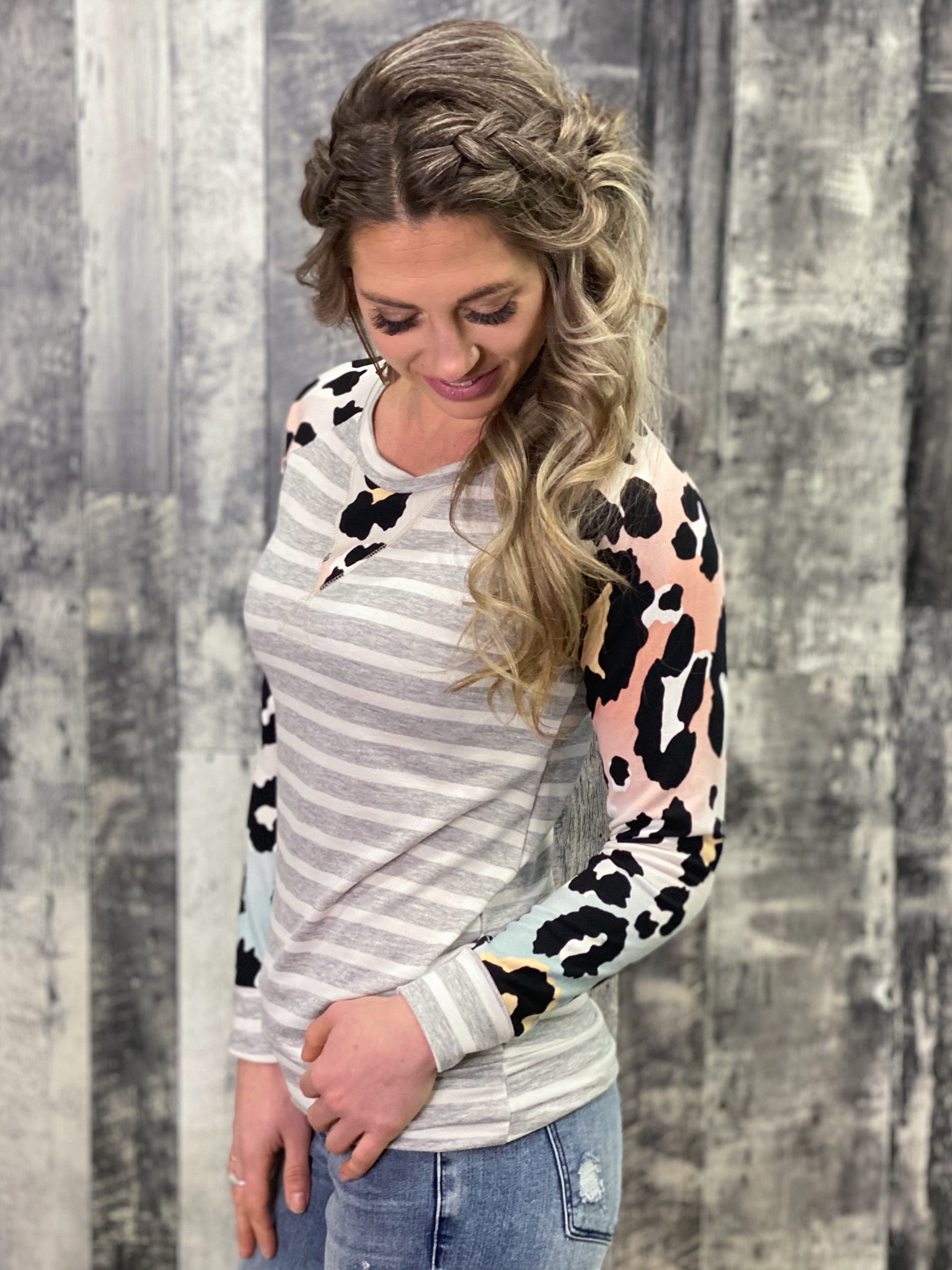 Pastel Leopard Sleeve/Striped Long Sleeve Top