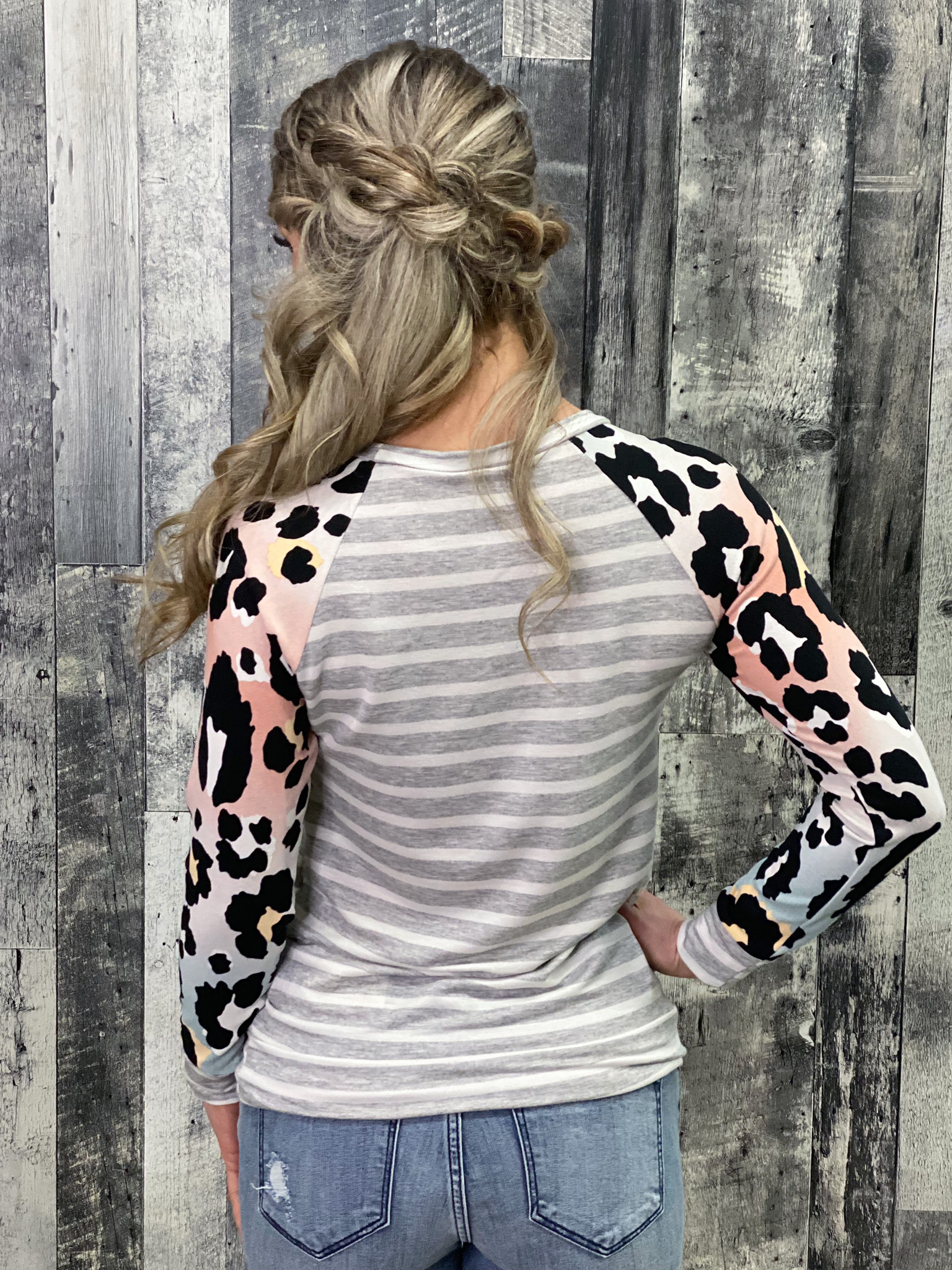 Pastel Leopard Sleeve/Striped Long Sleeve Top