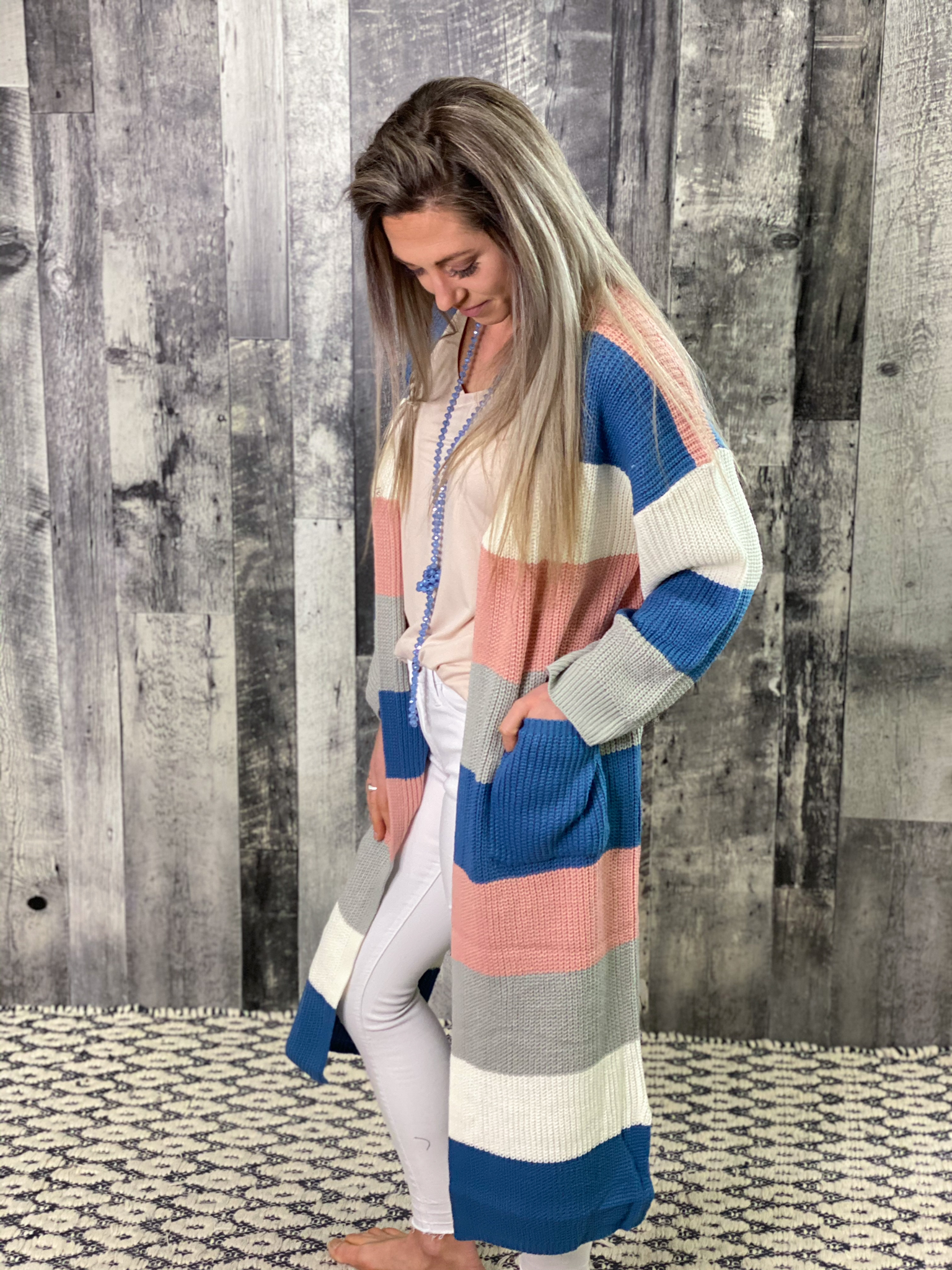 Blue/Pink/Ivory Color Block Sweater Cardigan