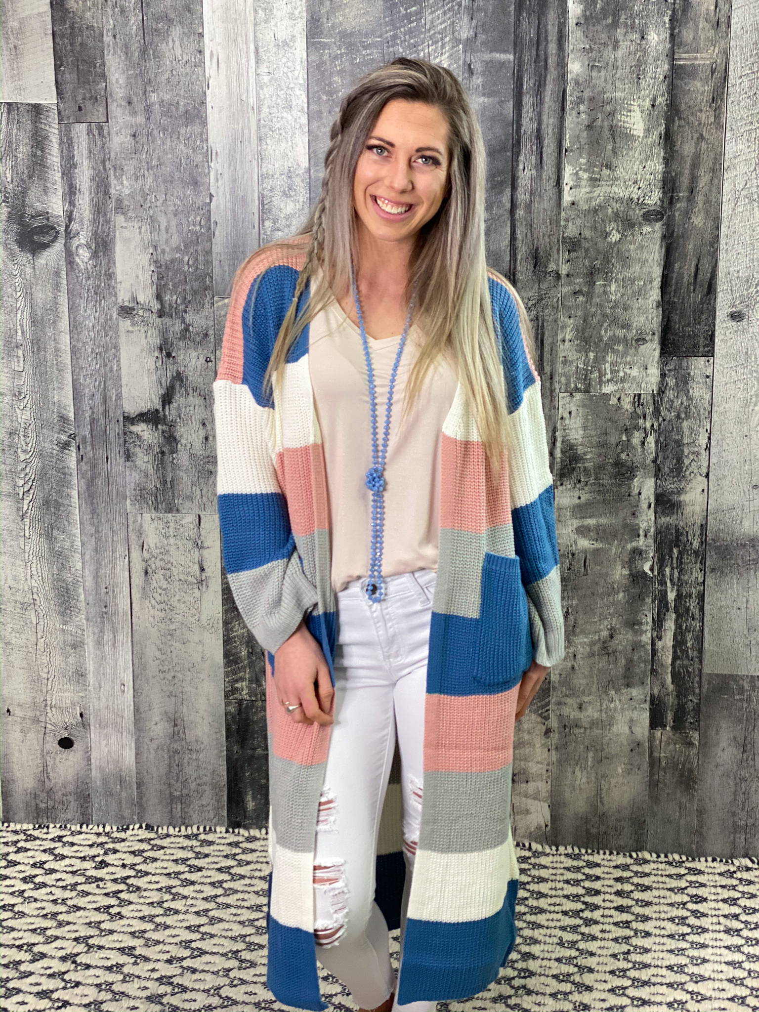 Blue/Pink/Ivory Color Block Sweater Cardigan FXPH