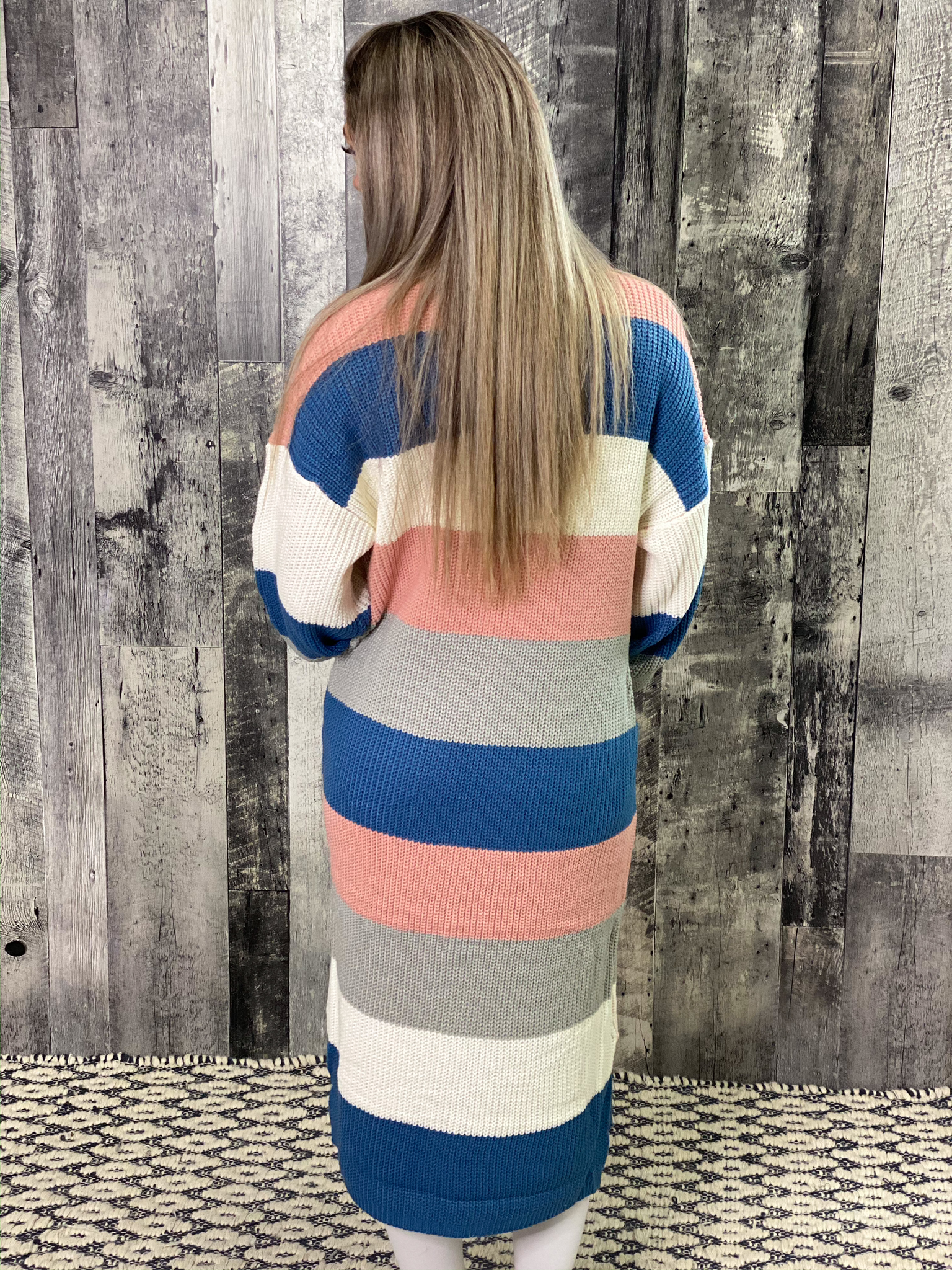 Blue/Pink/Ivory Color Block Sweater Cardigan