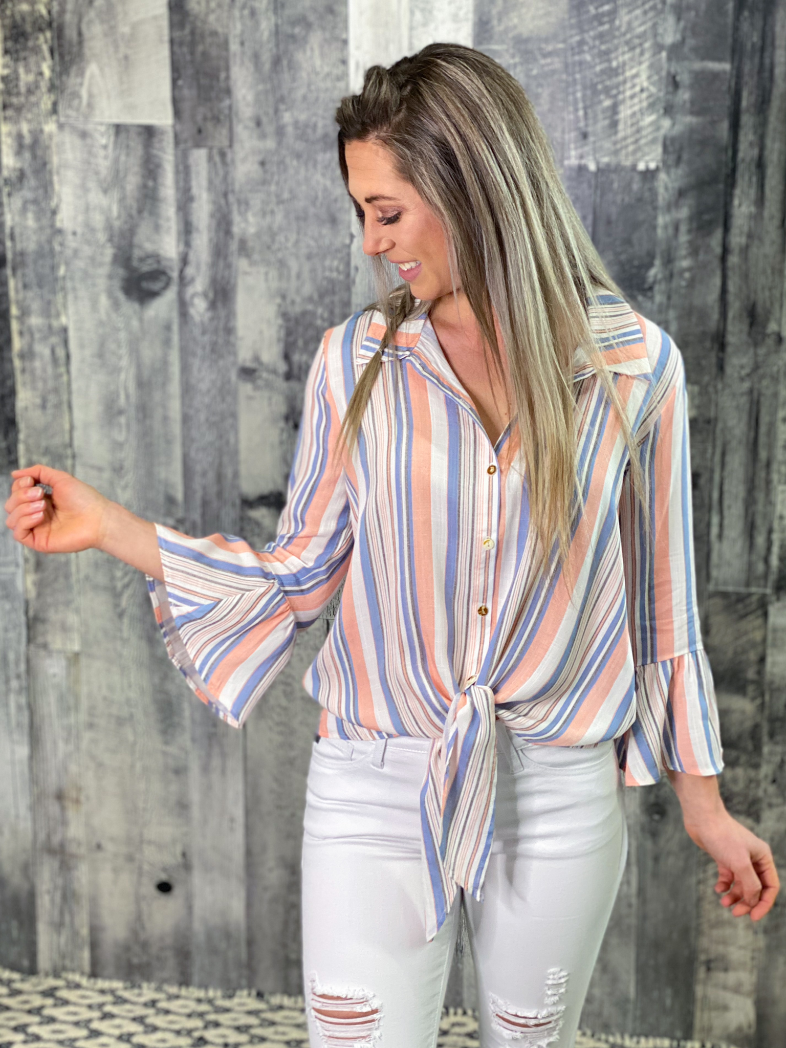 Striped White Coral and Blue Front Tie Button up Top D9BER