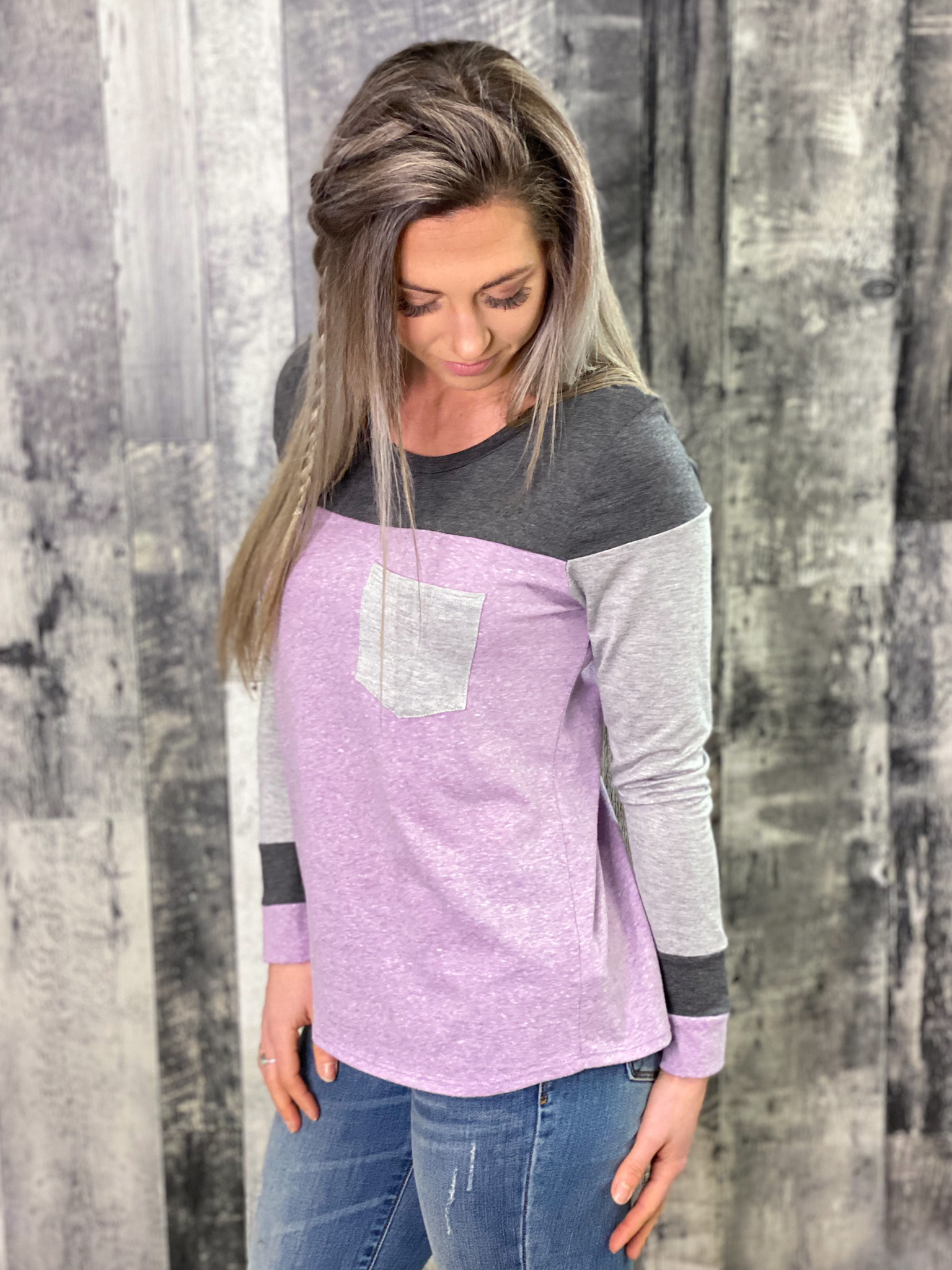 Purple Pocket Color Block Top