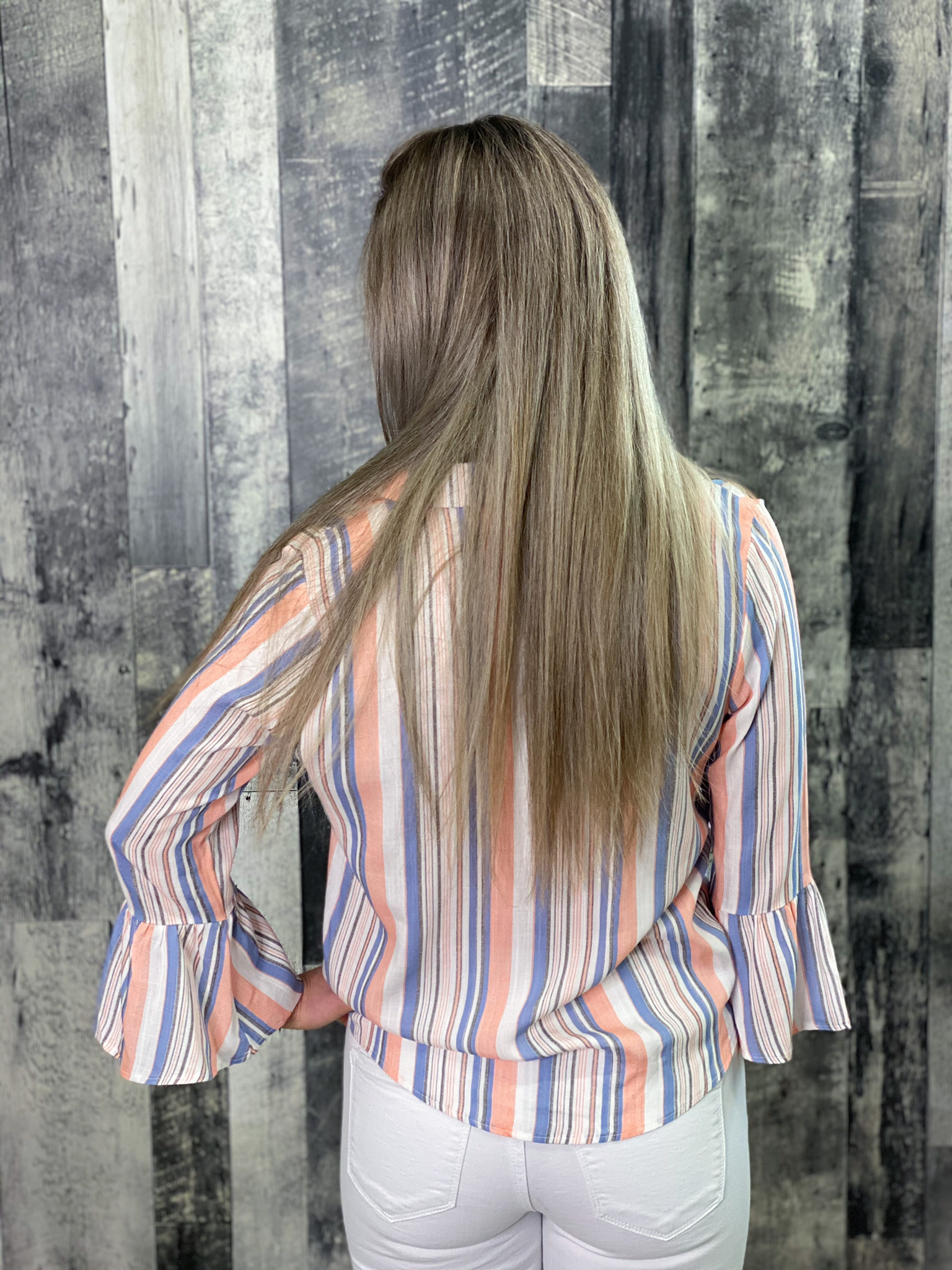 Striped White Coral and Blue Front Tie Button up Top