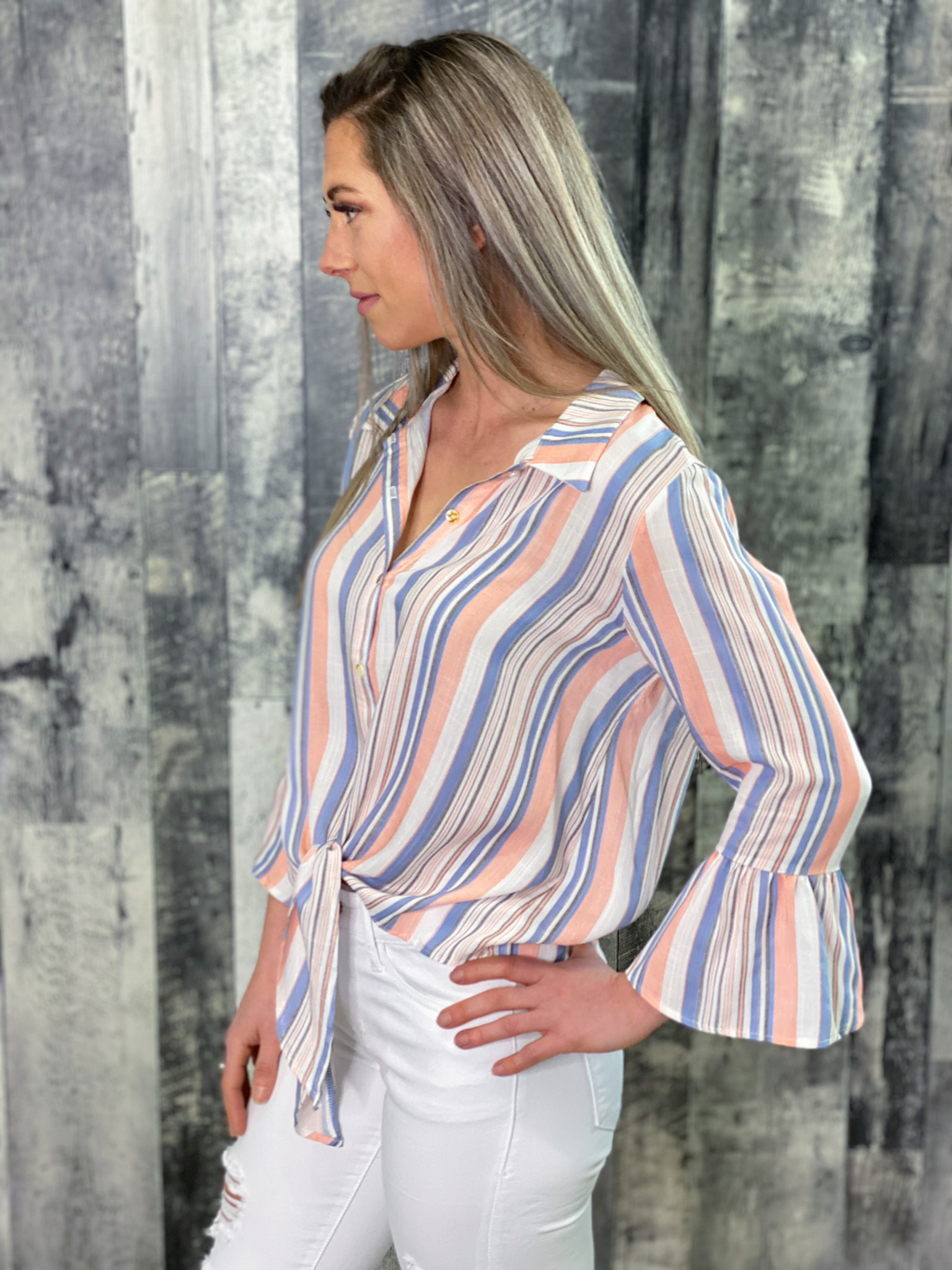 Striped White Coral and Blue Front Tie Button up Top