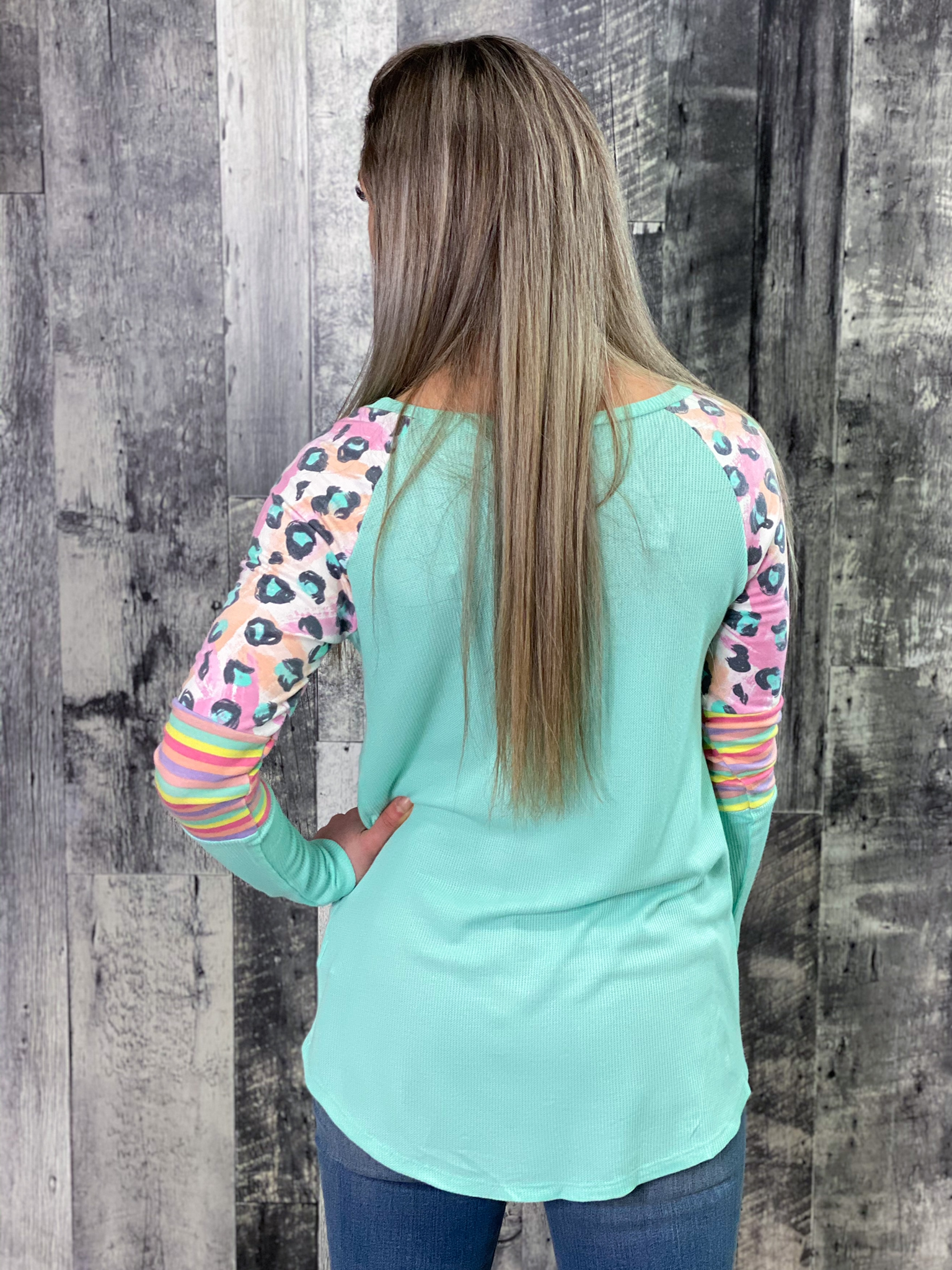 Mint Animal and Stripe Colour Block Long Sleeve Top