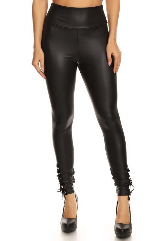 Faux Leather High Rise Lace Up Leggings
