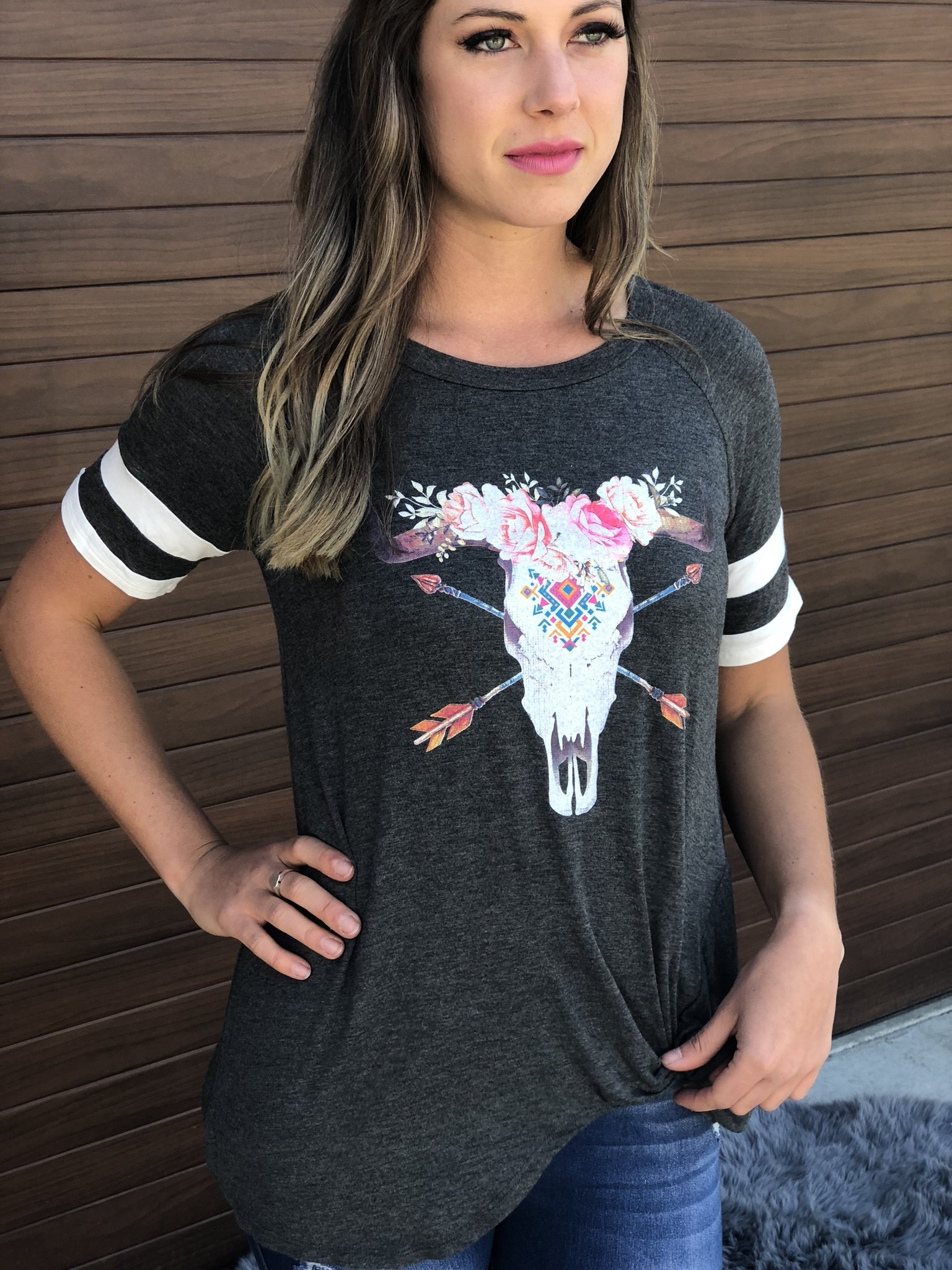 Floral Print Boho Skull Top - charcoal 9998874