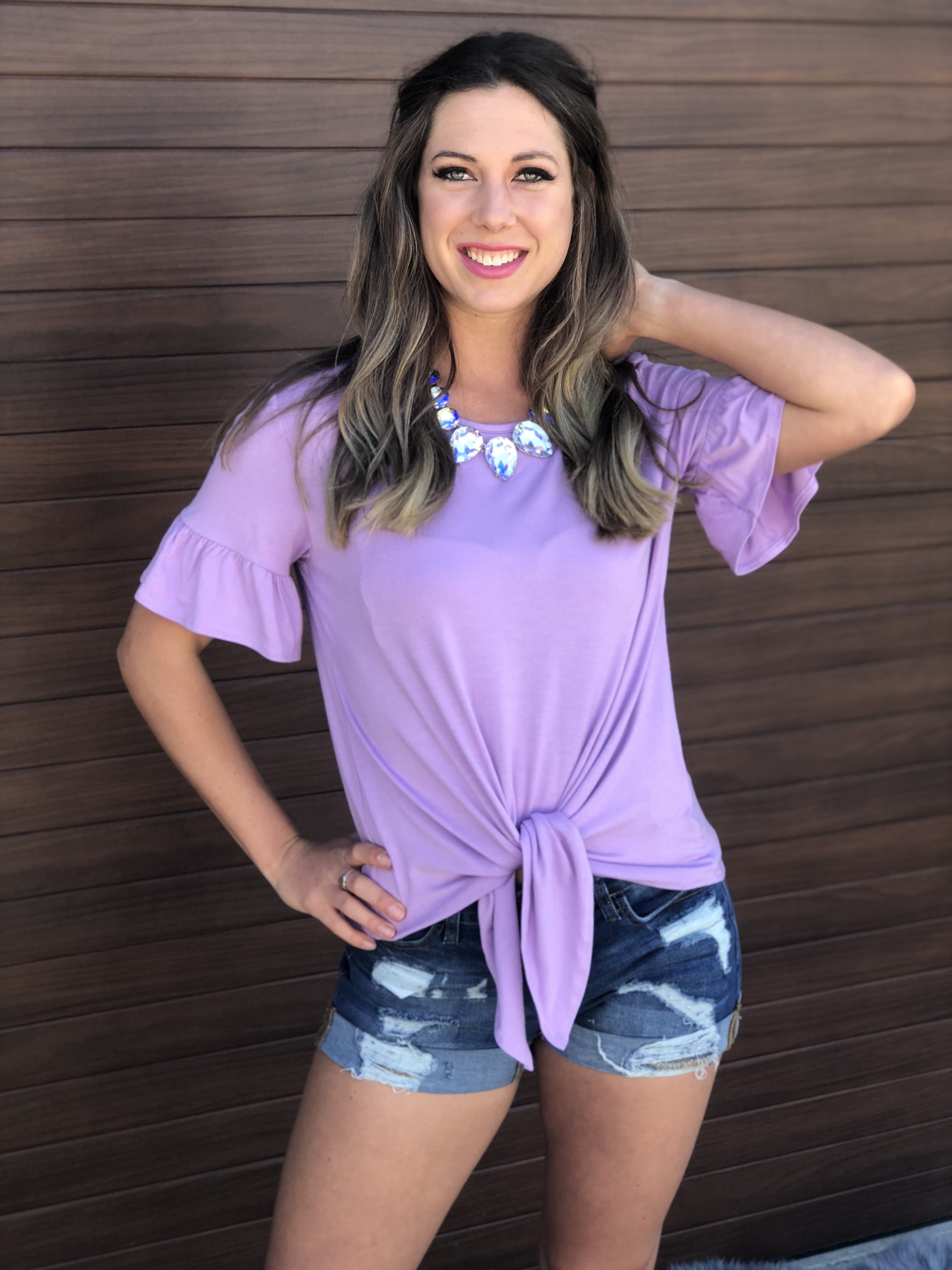 Lavender Front Tie Ruffle Sleeve Top 9998693