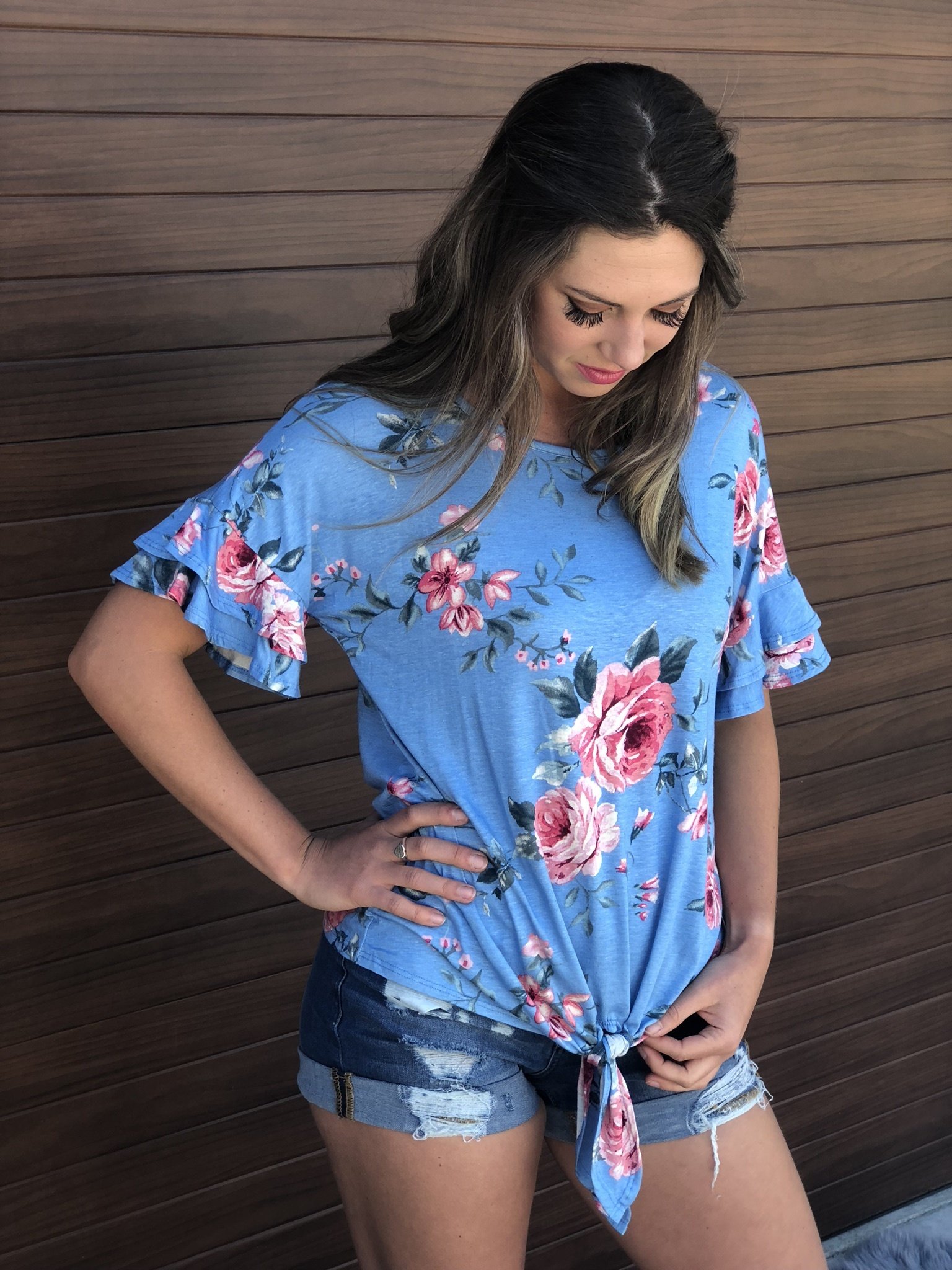 Floral Front Tie Ruffle Top 9998768