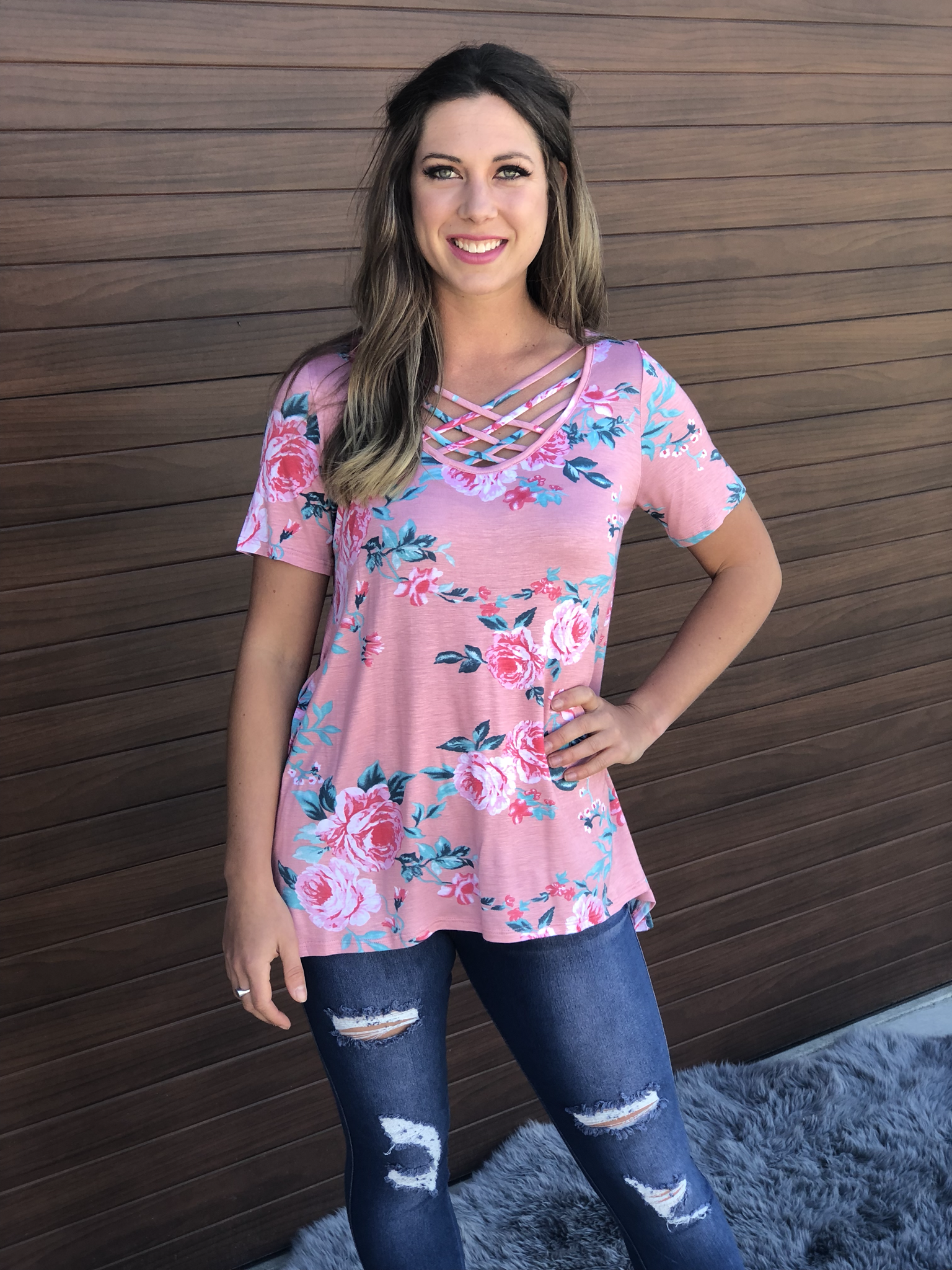 Coral Criss Cross Floral Top 9998749