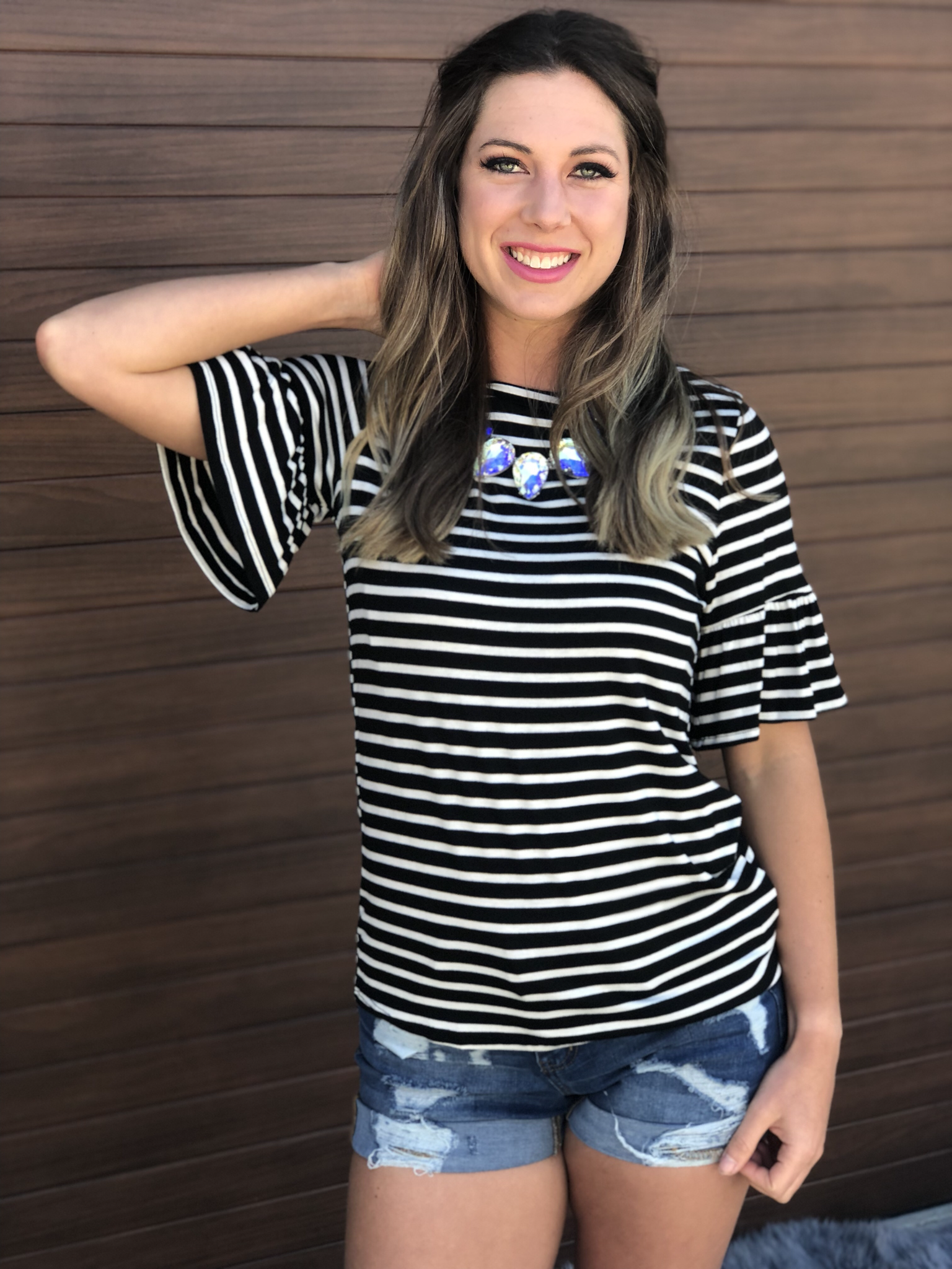The Annabelle Ruffle Top - Black and White Stripe 9998845
