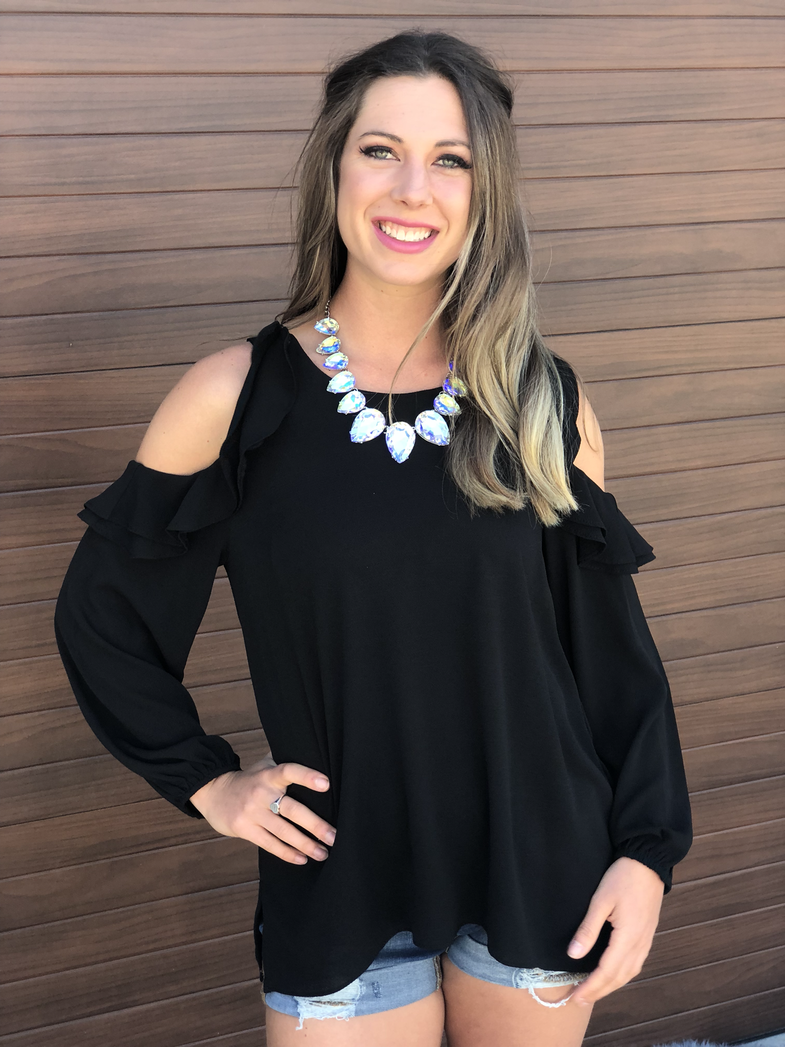 The Cold Shoulder Ruffle Blouse - Black 9998810