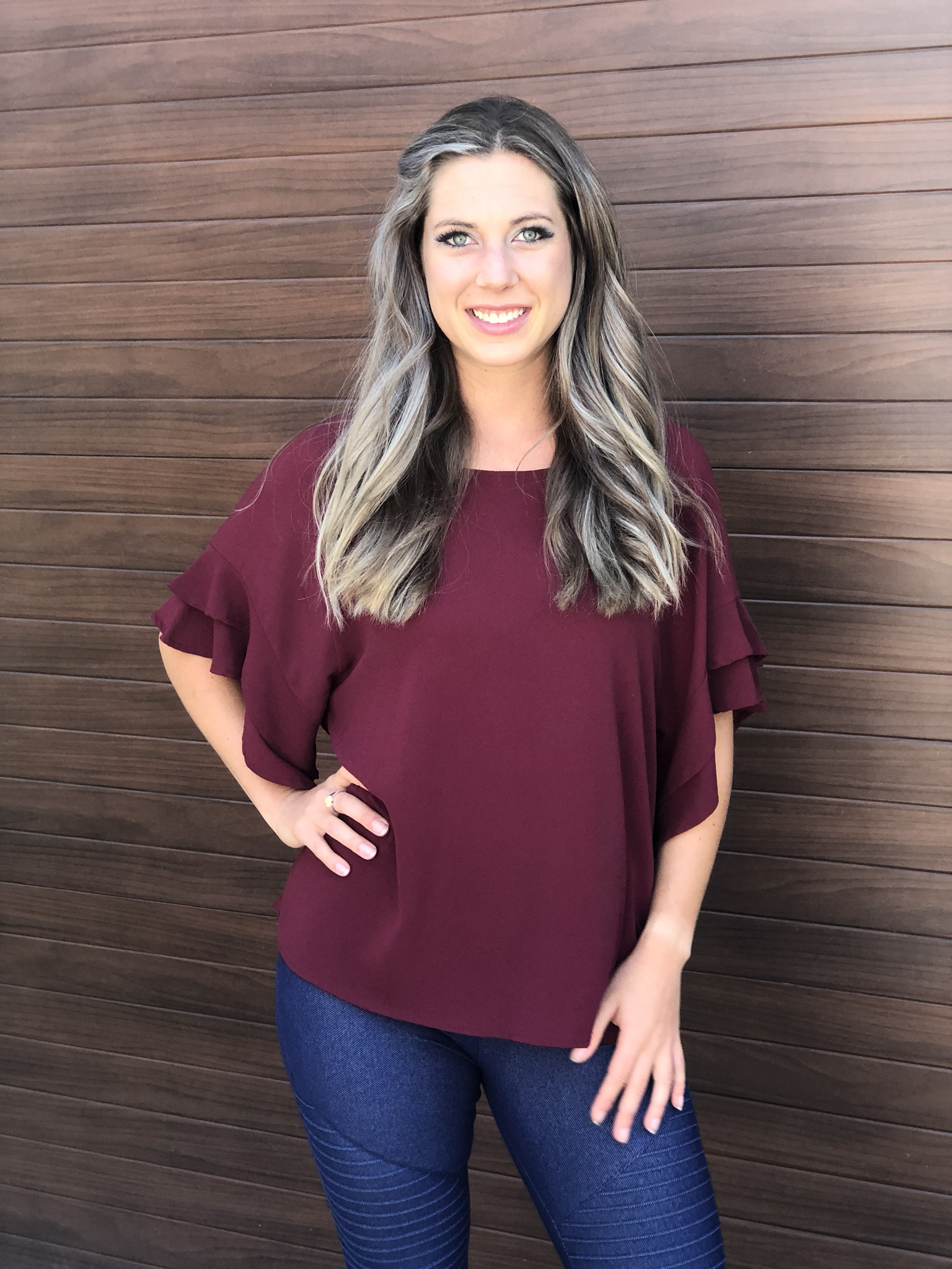 The Kelowna Shift Ruffle Top - Burgundy 9999308