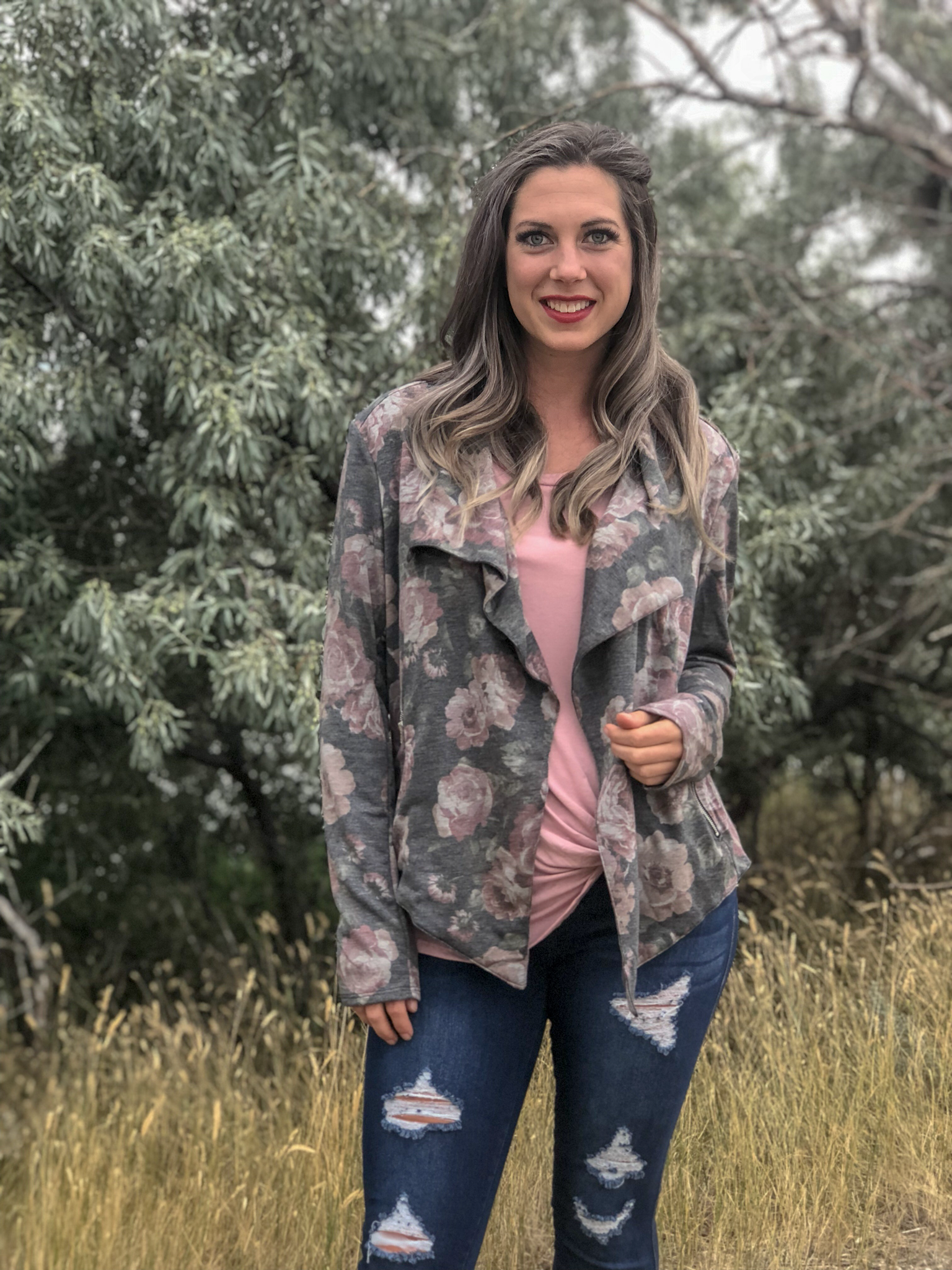 Floral Waterfall Blazer - Grey 9999668