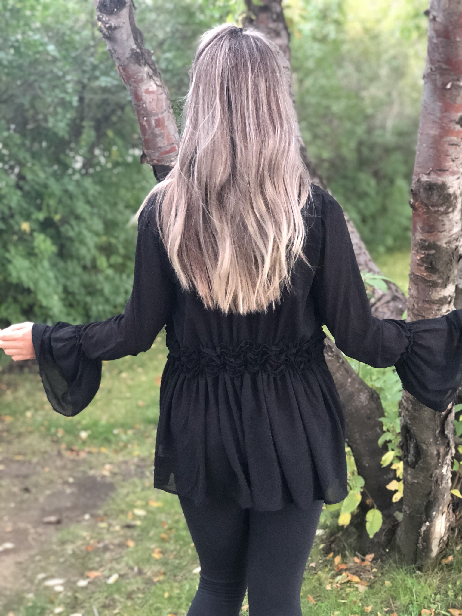 Black Long Sleeve Bell Cardigan with Ruffles