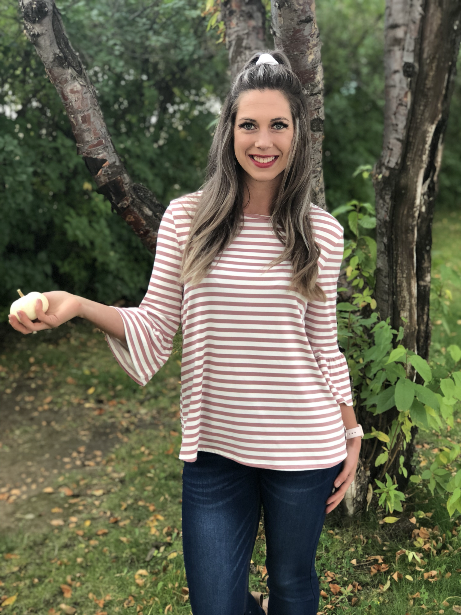 3/4 Length Sleeve Ruffle Striped Top - Mauve 9999986