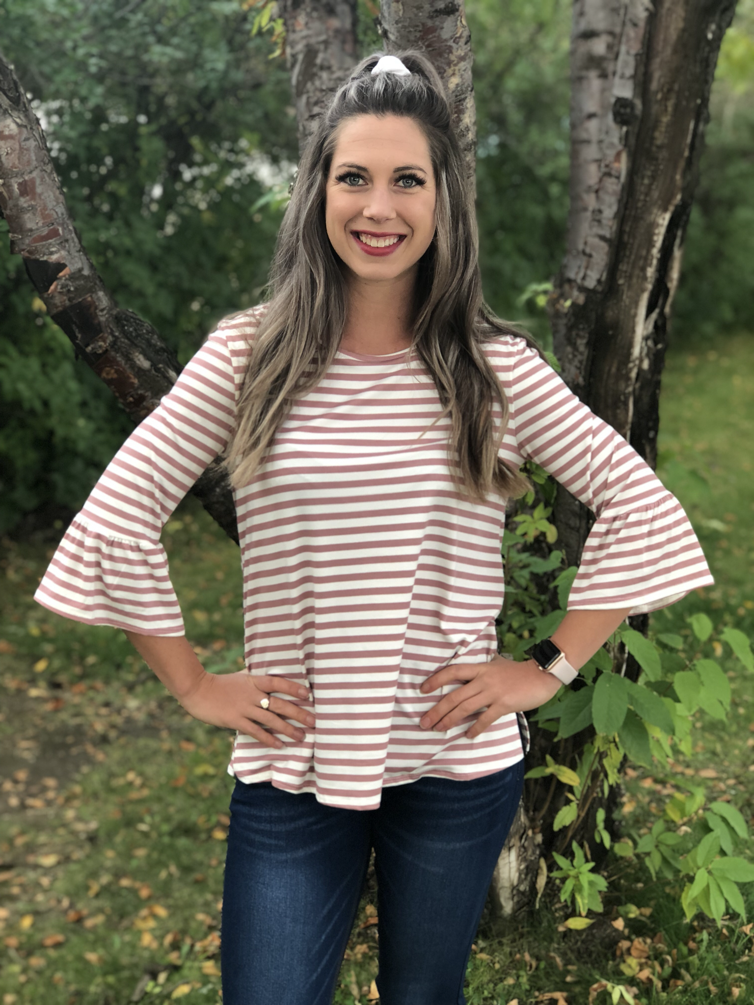3/4 Length Sleeve Ruffle Striped Top - Mauve