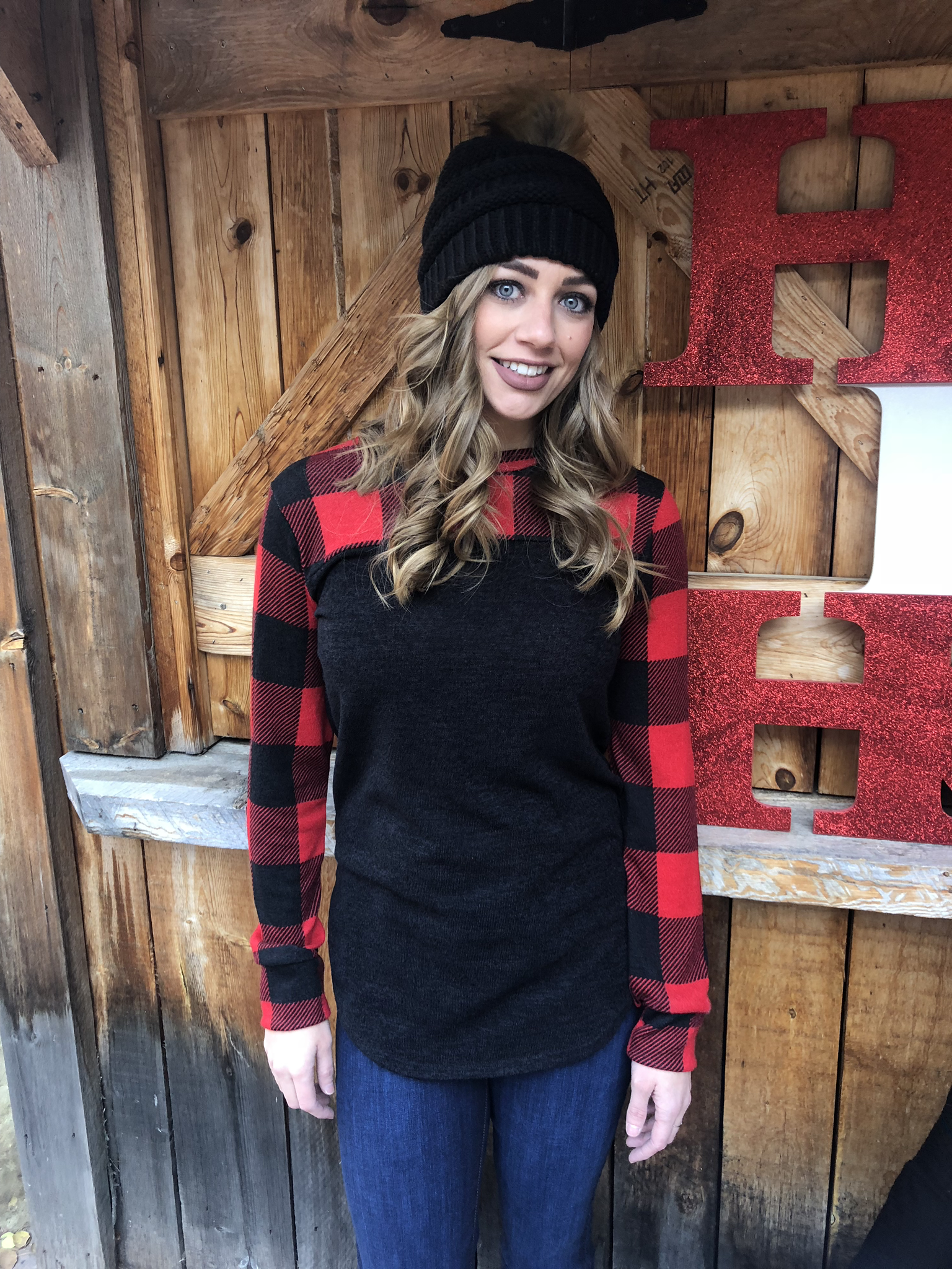Buffalo plaid elbow patch top 3644
