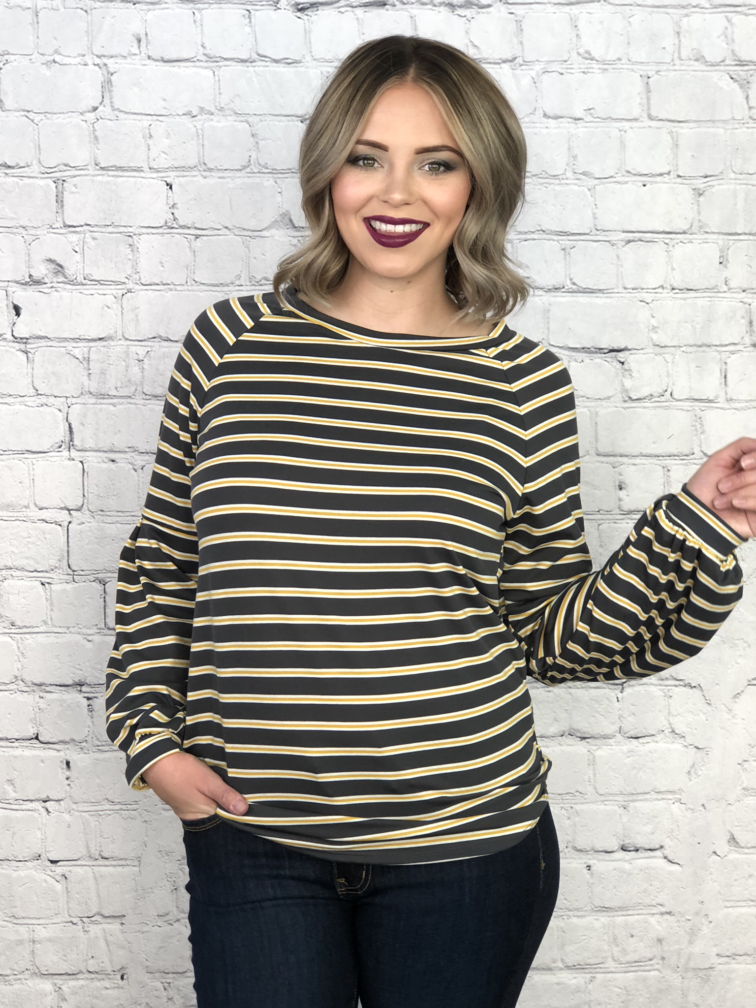 The Mustard Striped Balloon Arm Top 6543