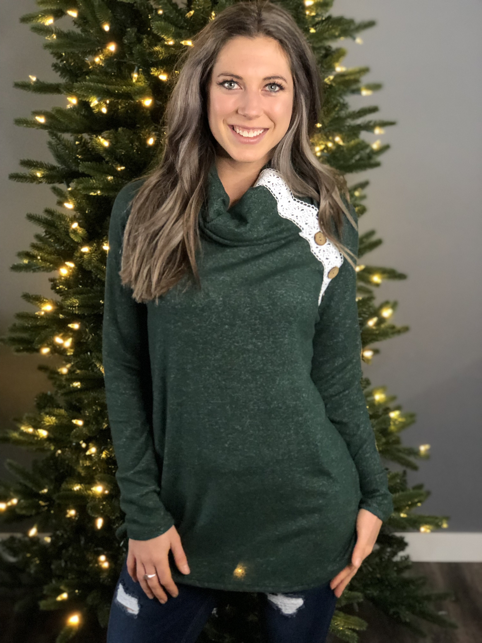 Evergreen Lace Button Top