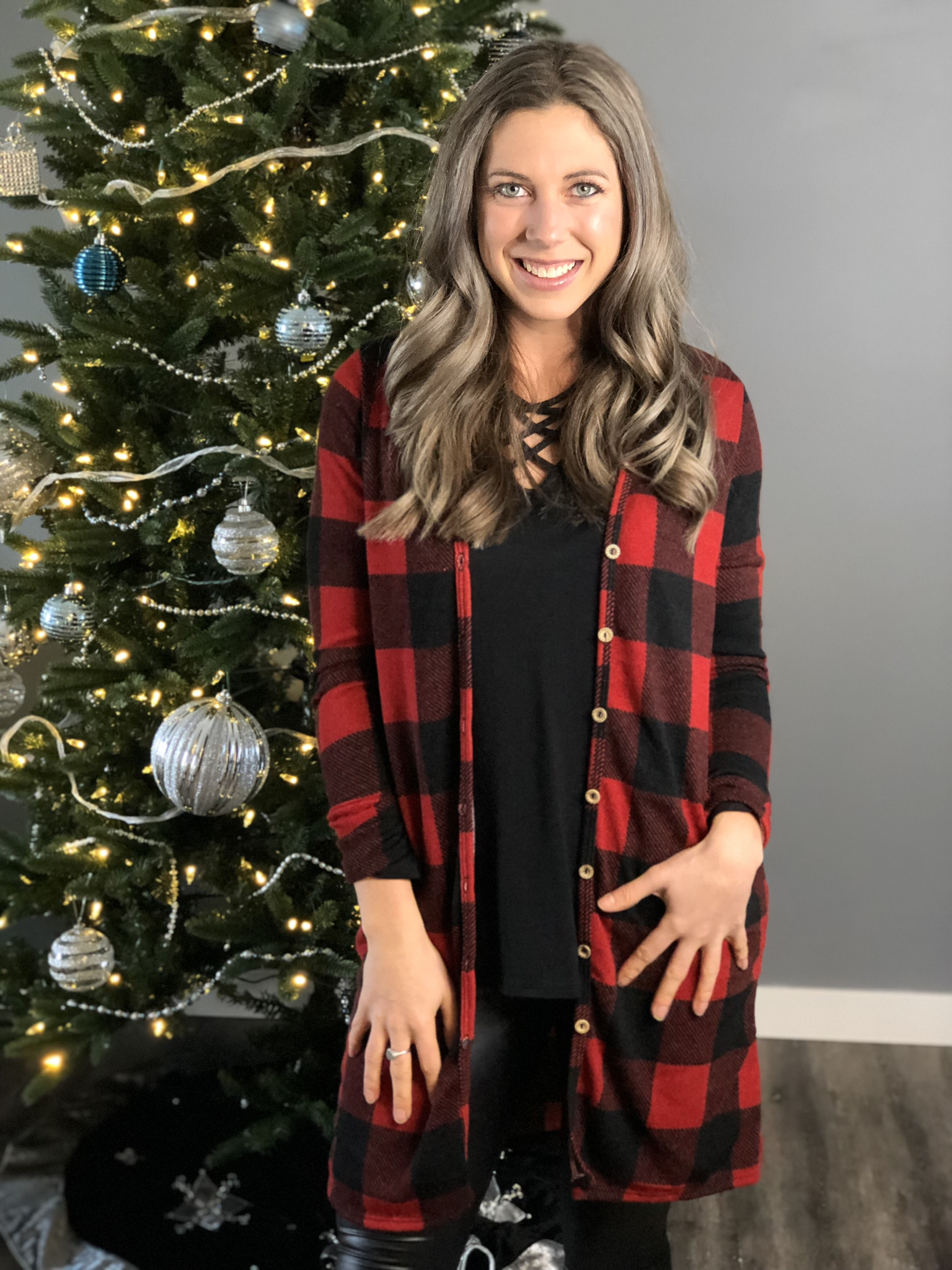 Long Button Buffalo Plaid Cardigan 101